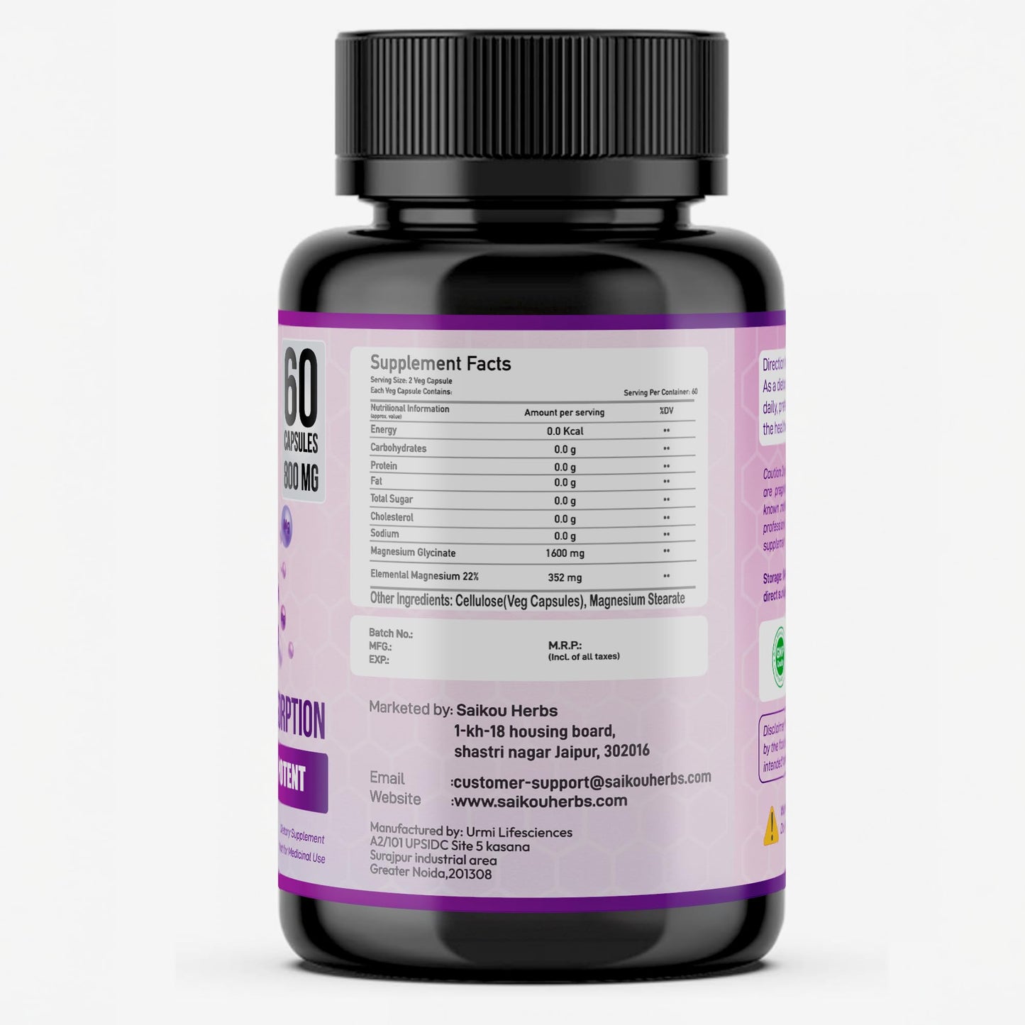 SAIKOU HERBS Chelated Magnesium Glycinate 800mg High Absorption, Pure and Potent, 60 Capsules
