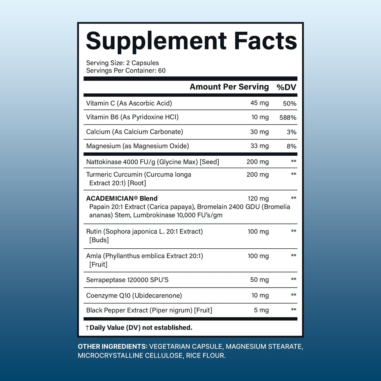 ACADEMICIAN Organic Nattokinase Supplement Serrapeptase Amla Rutin Lumbrokinase Bromelain Capsules - 120 Count