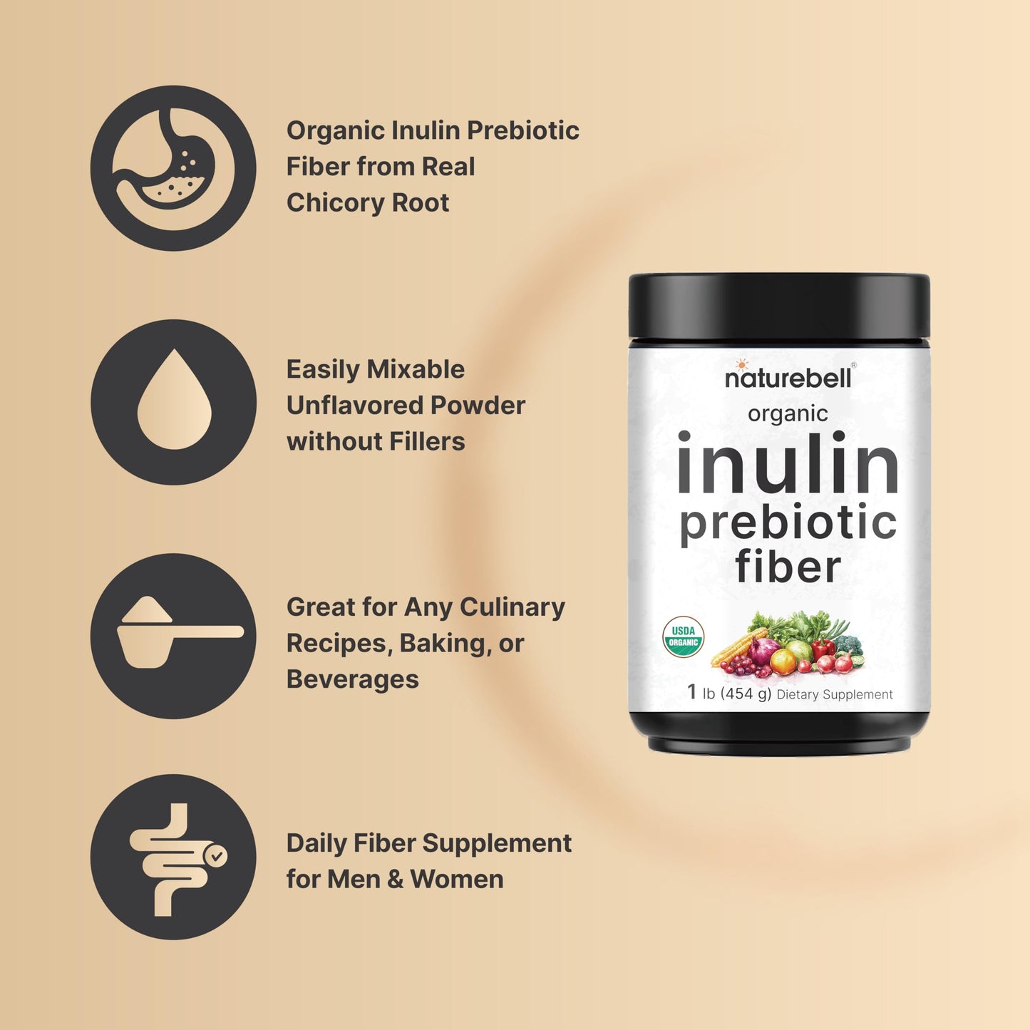NatureBell Organic Inulin Prebiotic Fiber Powder, 1 lb, 16