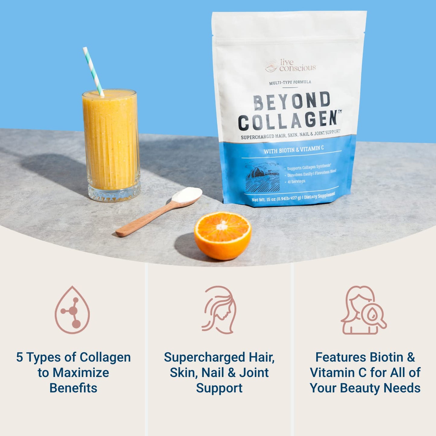 Live Conscious Beyond Collagen Multi Collagen Powder w/ Types I, II, III, V & X, 30-Count