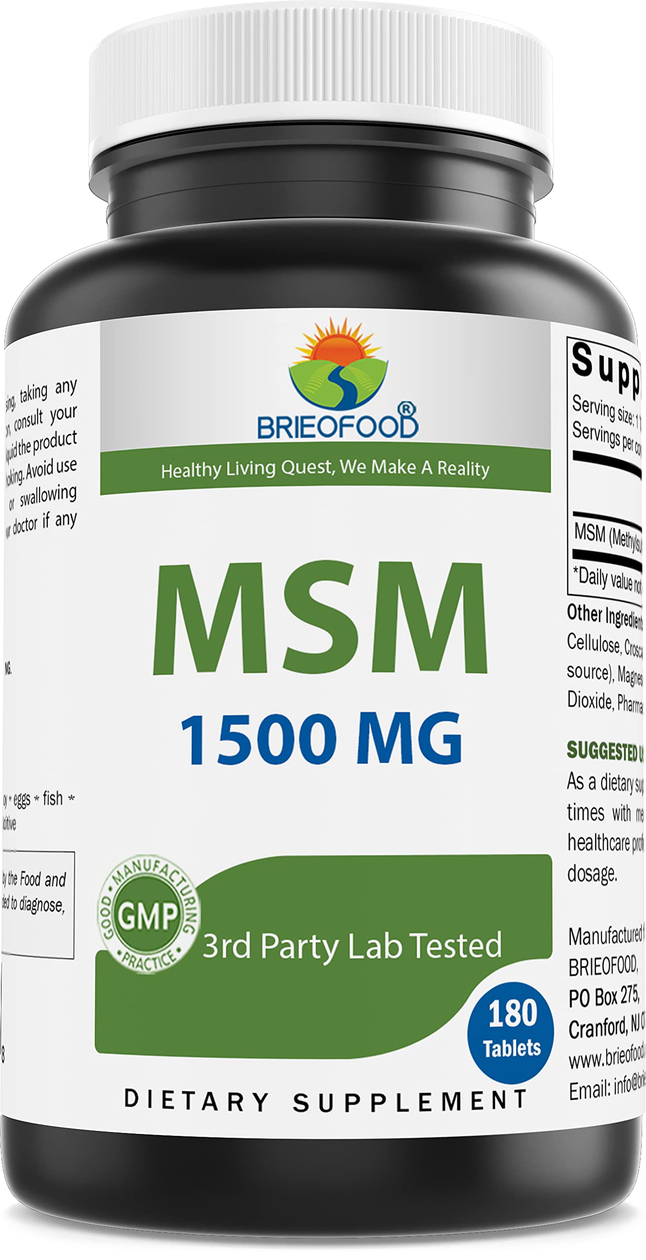 Brieofood MSM Supplement 1500mg per Tablet, 180 Tablets