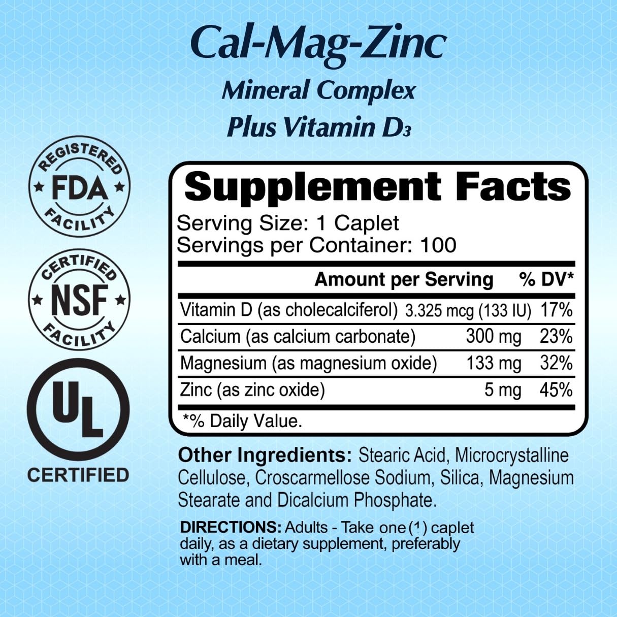 ALFA VITAMINS Calcium, Magnesium, Zinc Plus Vitamin D3 Caplets, 100 Count