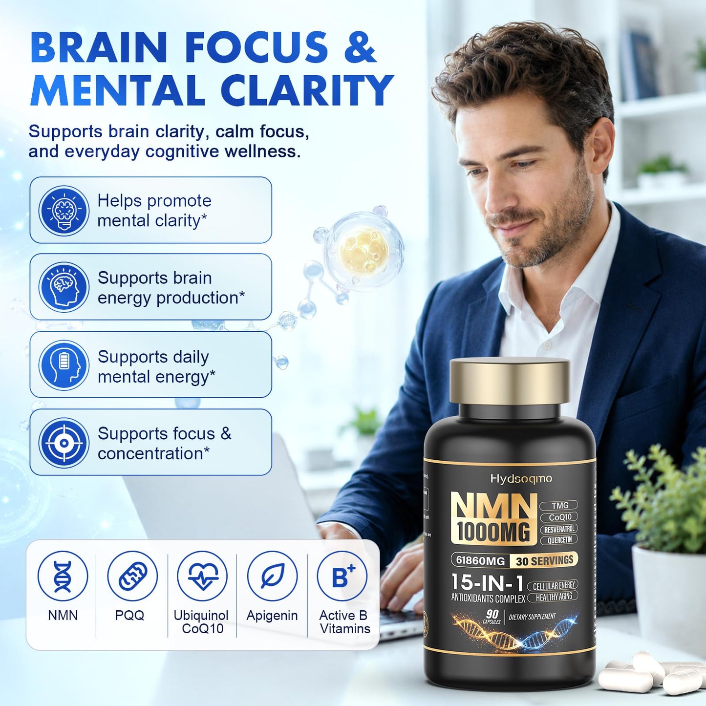 Hydsoqmo NMN Supplement 1000mg Per Serving with Resveratrol, TMG, Ubiquinol CoQ10, PQQ, Quercetin, Astragalus – NAD Resveratrol Supplement for Cellular Energy & Healthy Aging – NAD+ Supplement, 87 Capsules