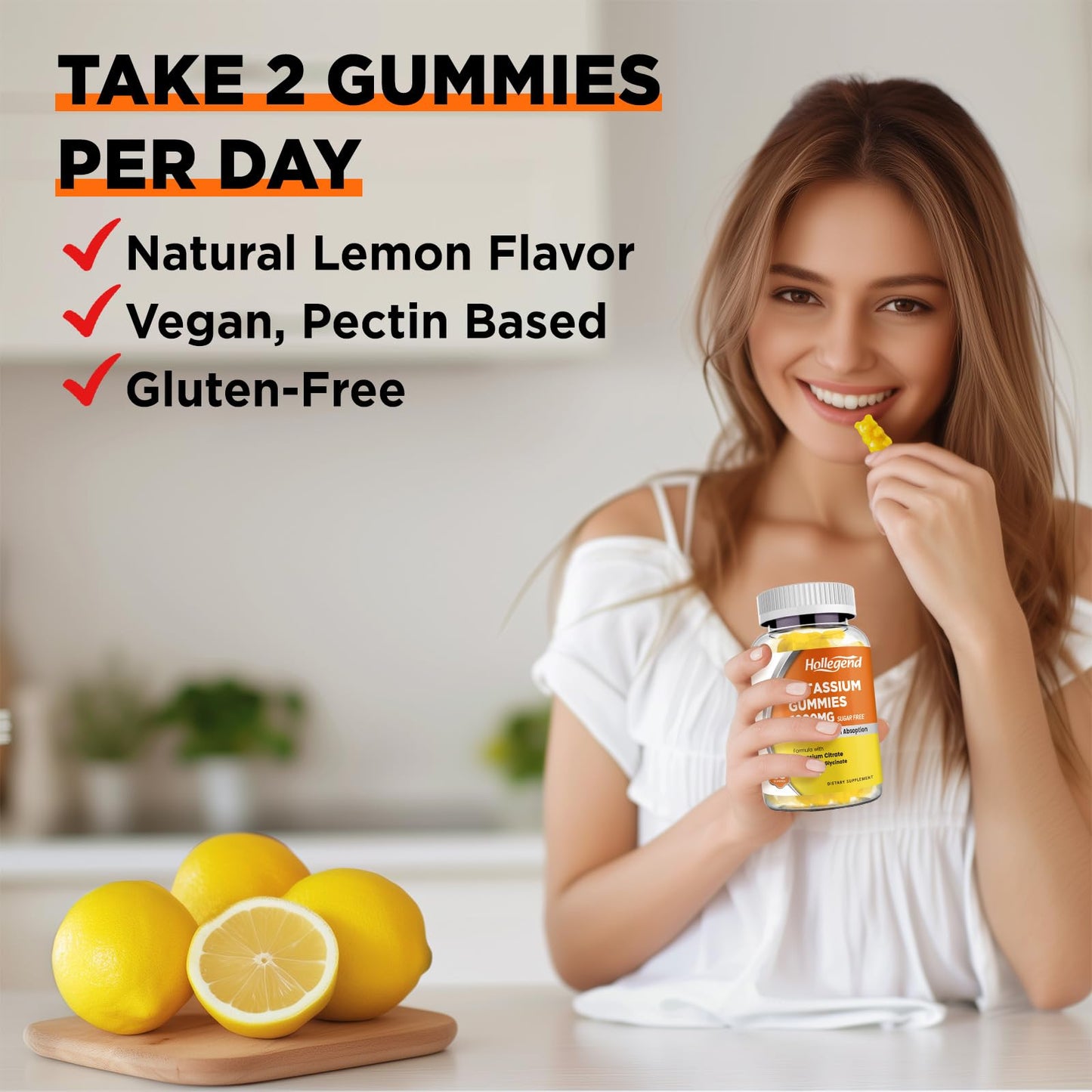 HOLLEGEND Potassium Gummies 1000mg, Maximize Absoption Blend with Vitamin B6 Magnesium, Potassium Citrate Supplement for Adults, Sugar Free, 60 Count