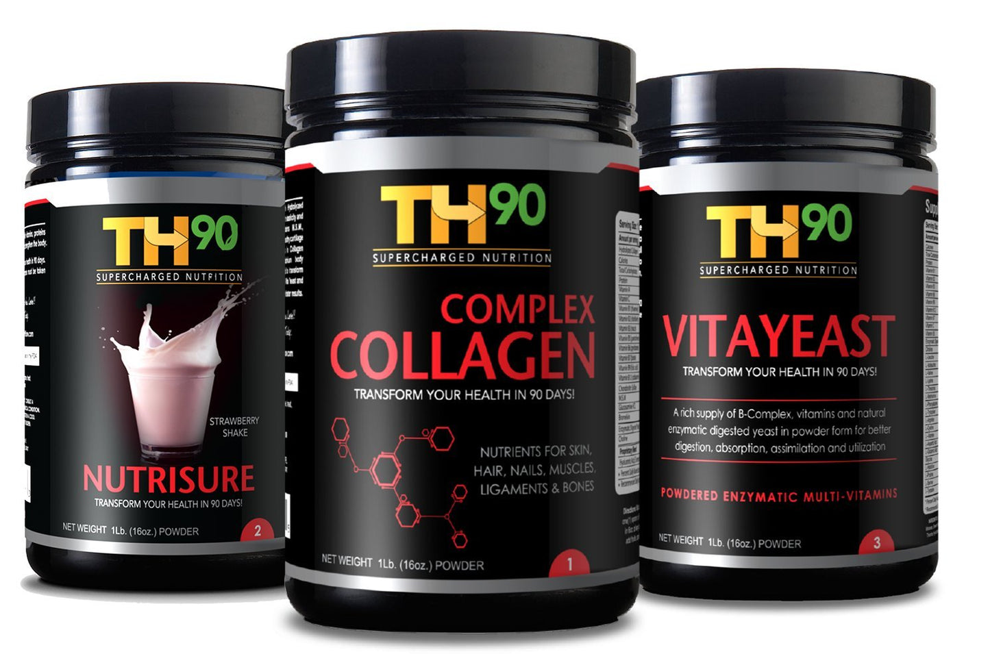 Organic Farms Vitamins TH90 Kit Strawberry + Collagen + Brewer's Yeast Nutrition Shake Powder 16 Oz