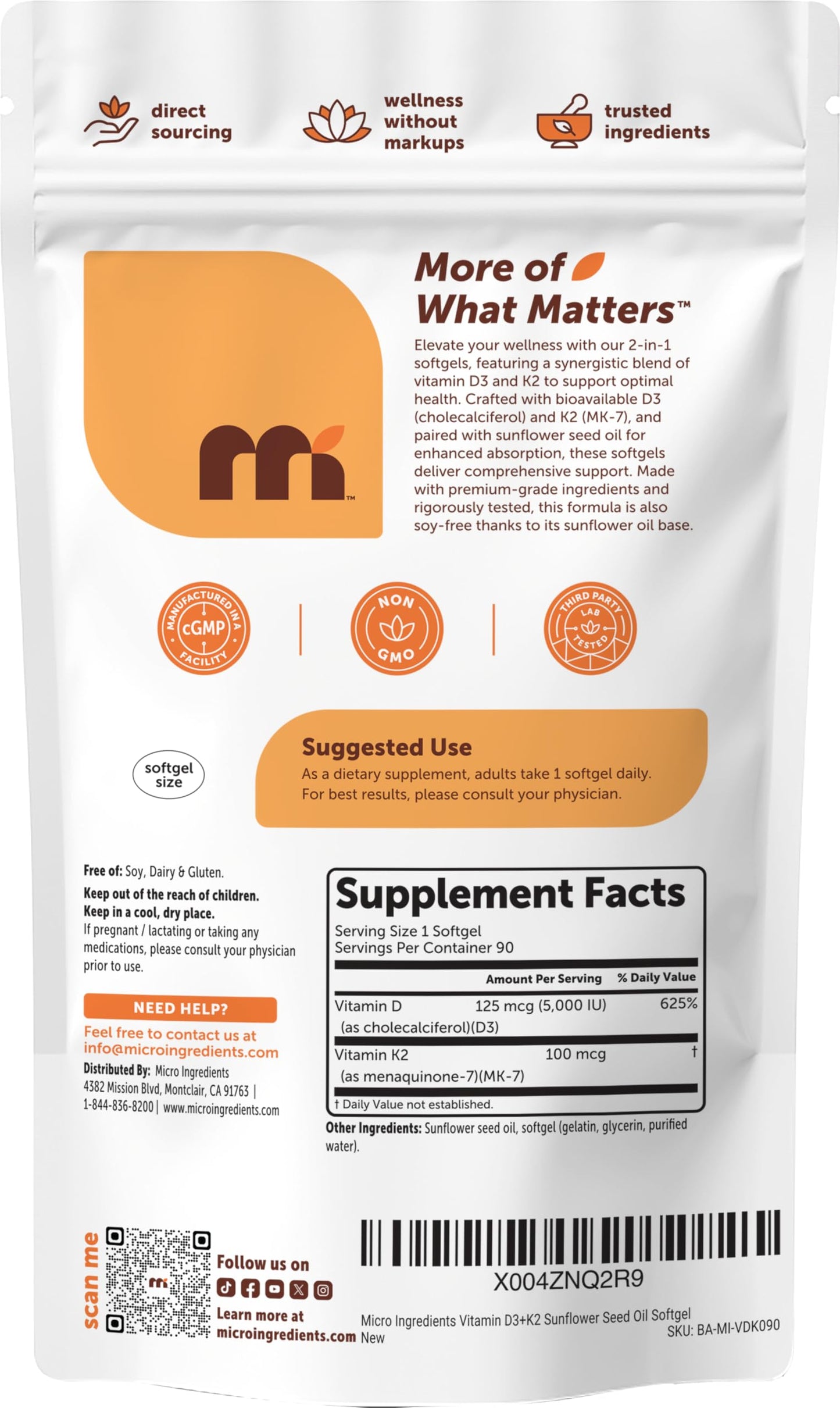 Micro Ingredients Vitamin D3 5000 IU + K2 MK-7 100 mcg Softgels, 90 Count