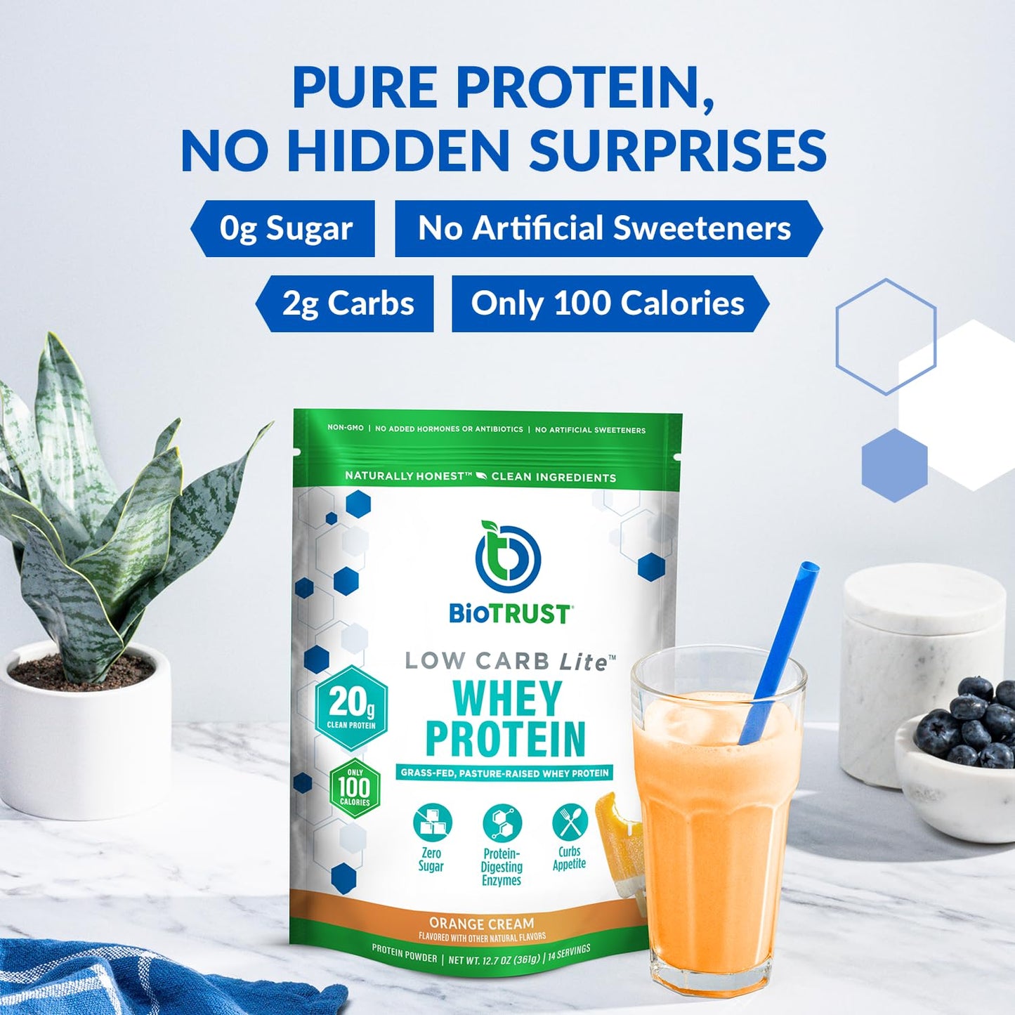 BioTrust Low Carb Lite Grass-Fed Whey Protein Isolate Powder, 12.7 oz, 14 Servings, Orange Cream