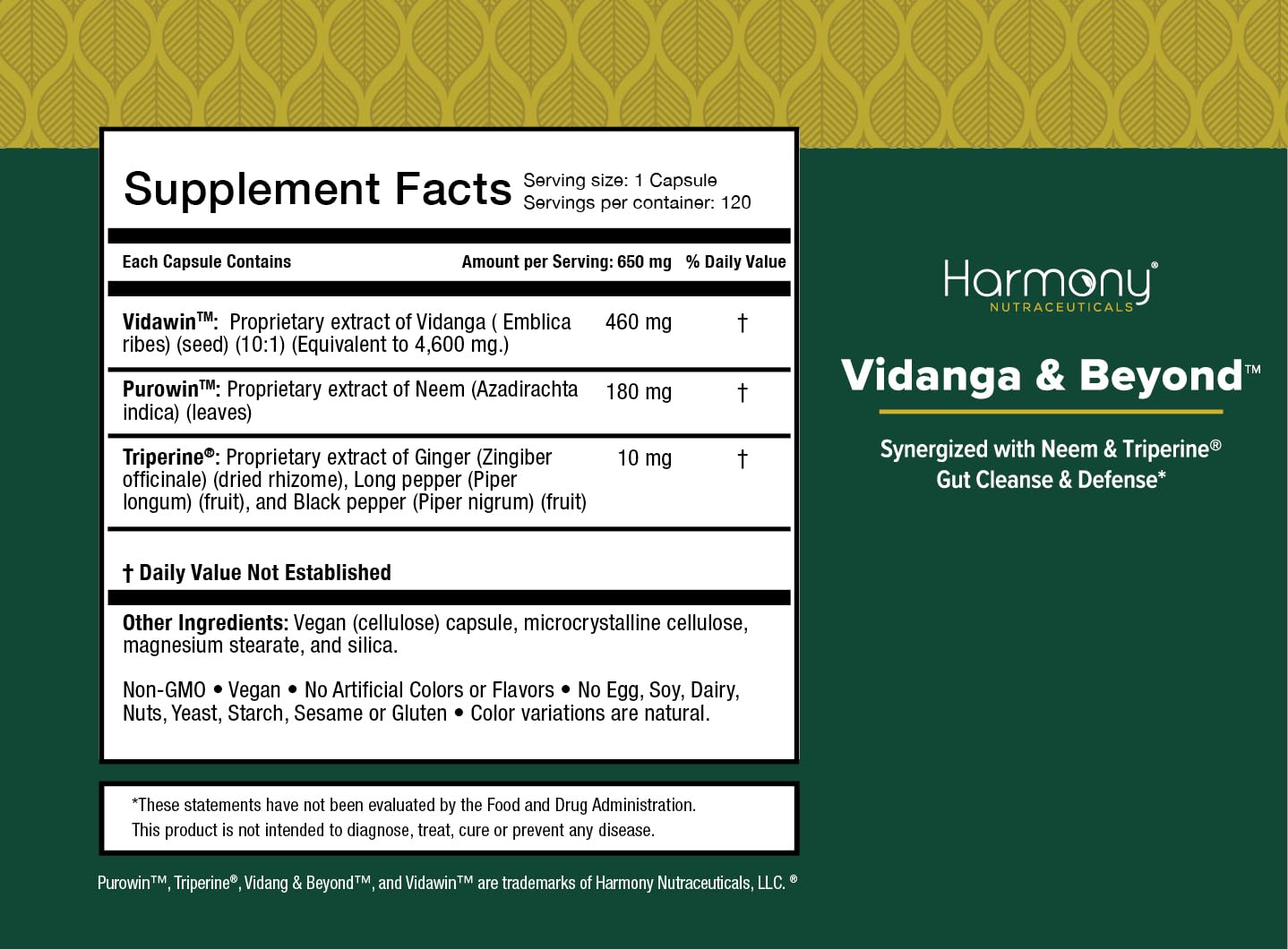 Harmony Nutraceuticals Vidanga & Beyond High Potency Extract with Neem & Triperine Gut Cleanse & Defense Support Capsules, 120 Vegan Capsules
