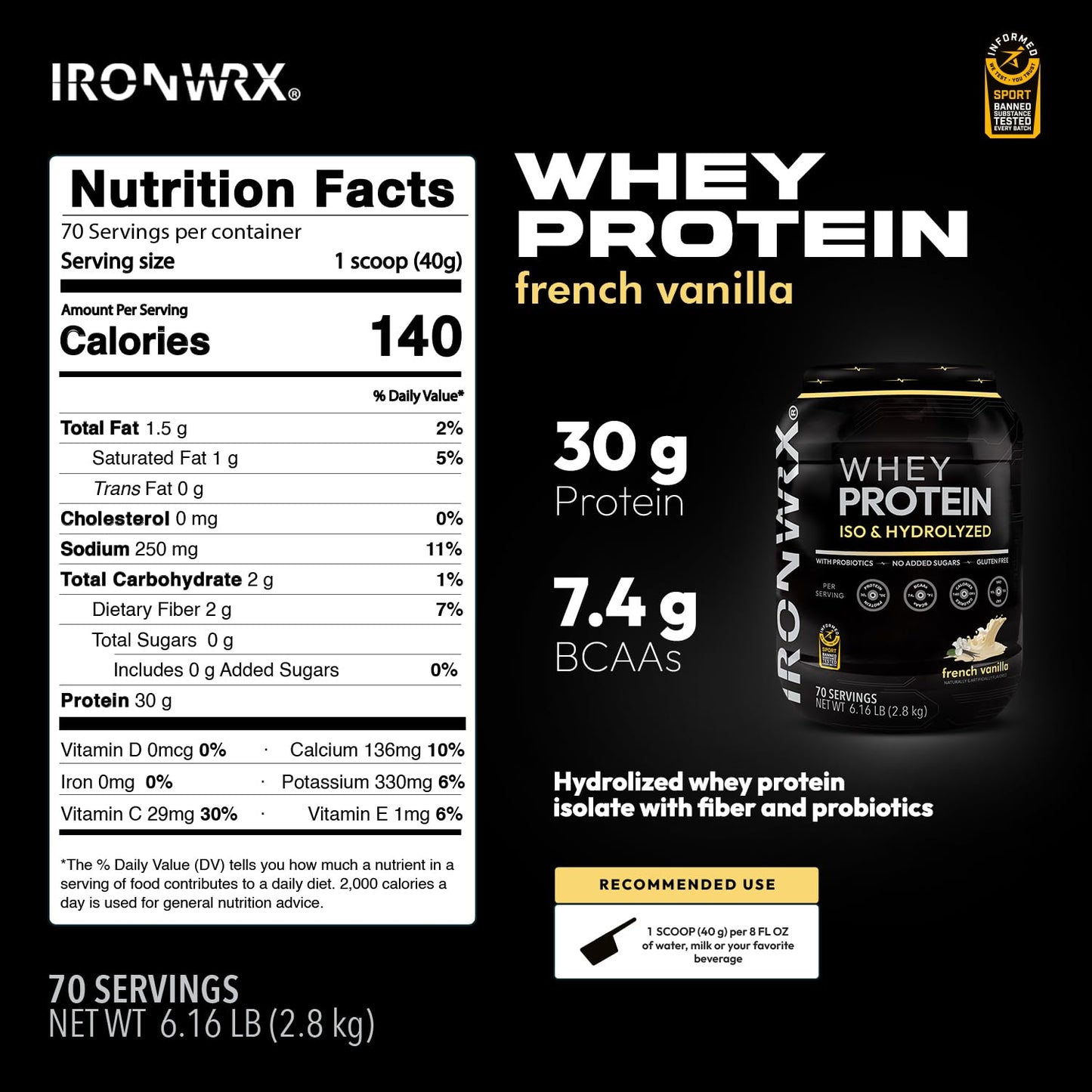 IRONWRX 100% Hydrolyzed Whey Protein Isolate Powder, French Vanilla, 70 Servings