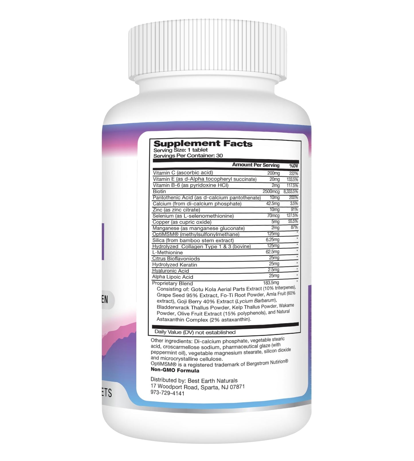 Best Earth Naturals Hair, Skin and Nails Supplement with Biotin, Collagen, Vitamins Tablets 30 Count