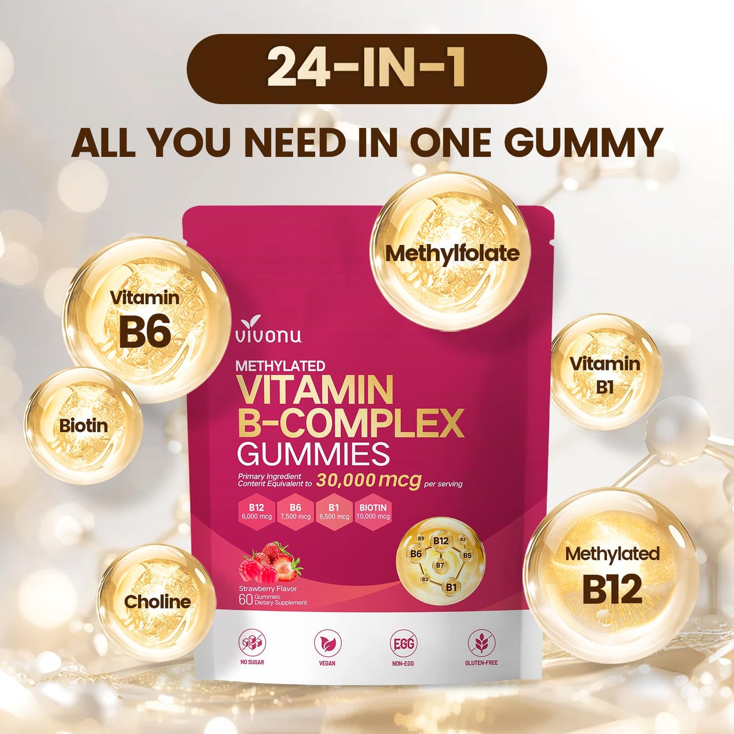 VivoNu Methylated Vitamin B Complex Gummies 60 Count