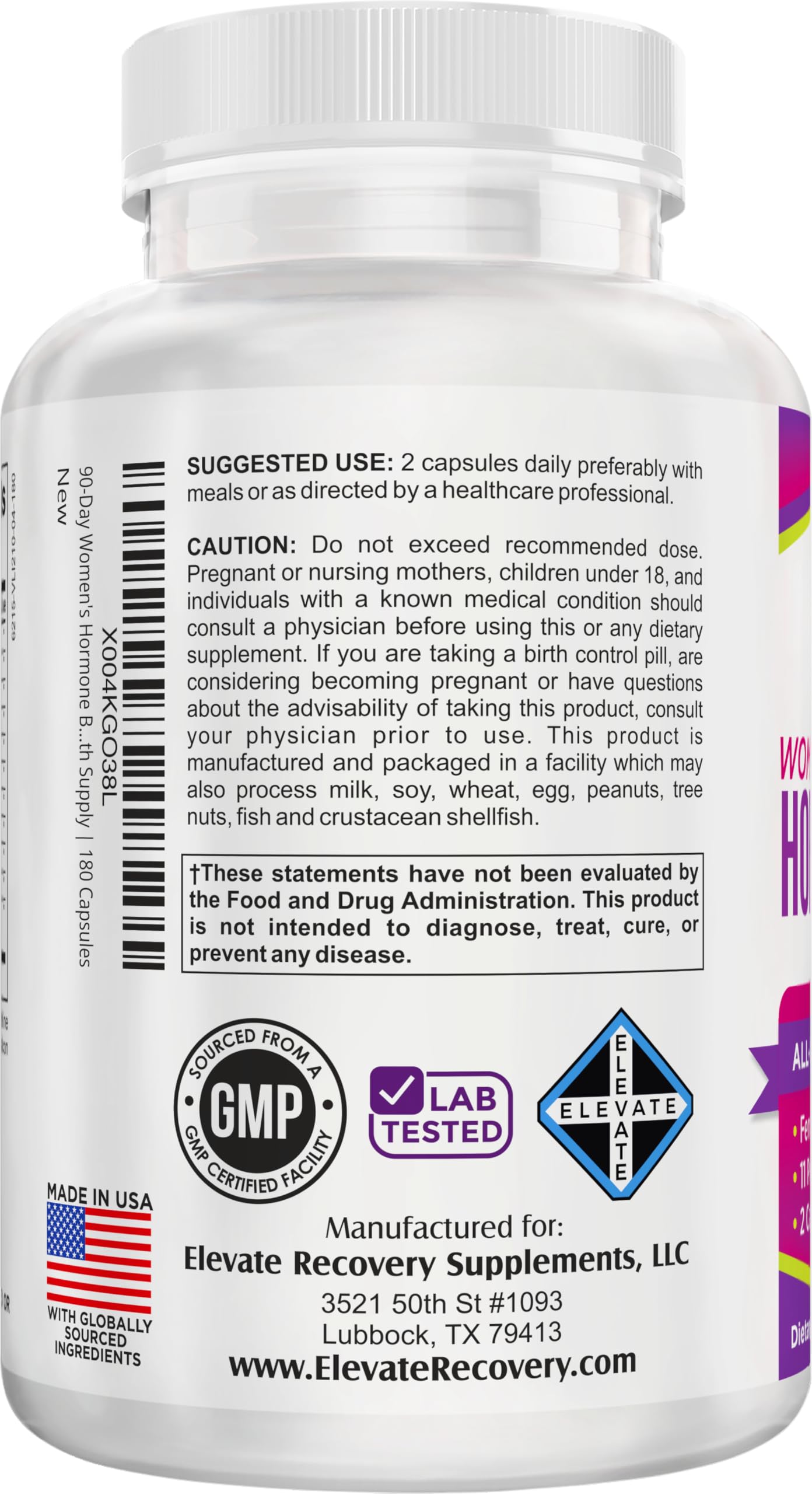 Elevate Recovery Supplements Women's Hormone Support Supplement 180 Capsules
