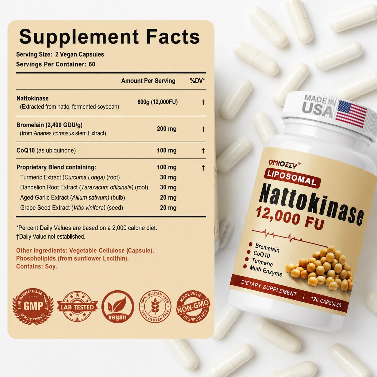 Qmiozzy Nattokinase Supplement 12,000 FU Liposomal Natto Kinase Capsule 116 Count