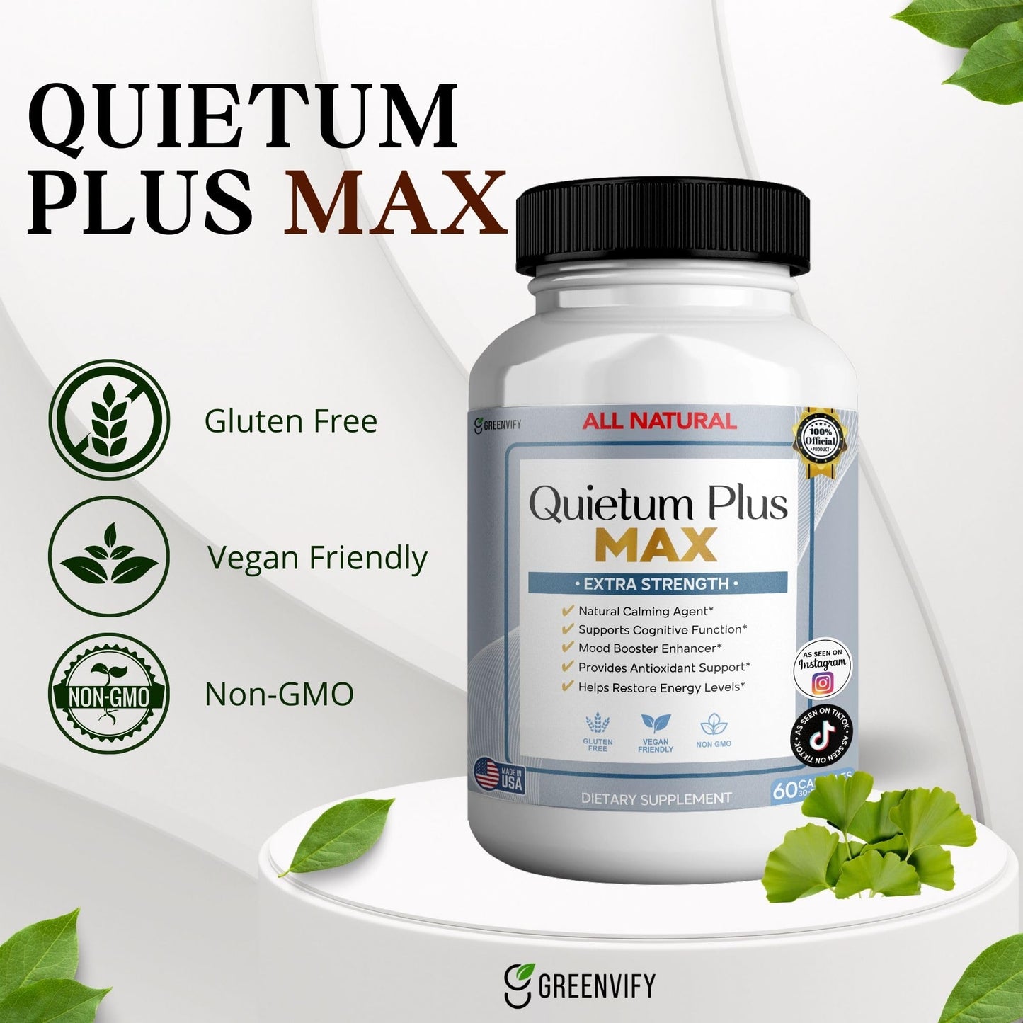 GREENVIFY Quietum Plus Max Ear Health Supplement, Natural Tinnitus Support and Inner Ear Formula, 60 Capsules