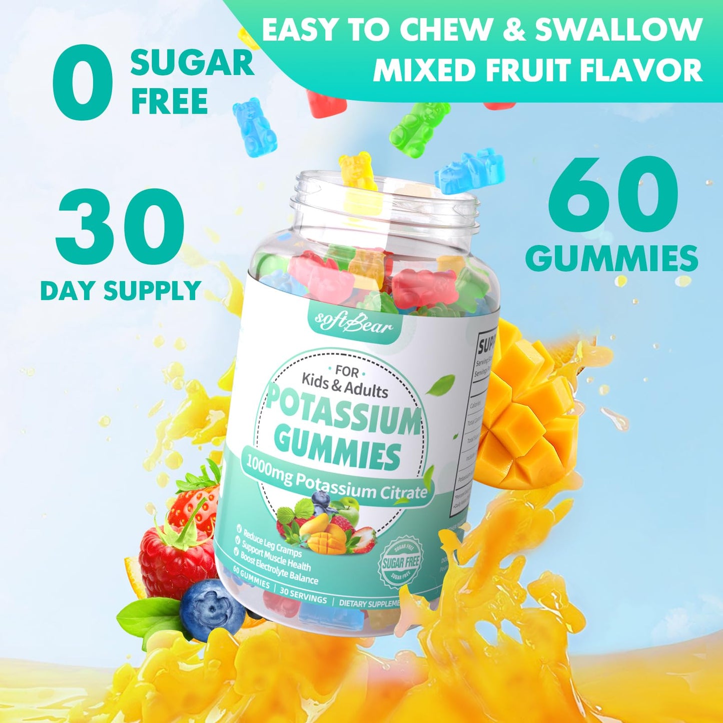 Softbear Potassium Citrate Gummies, 1000mg, High Potency, Supports Leg Cramps & Muscle Health, 60 Count