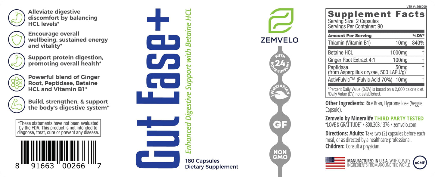 Zemvelo Gut Ease+ Betaine HCl Supplement Capsules 180 Count