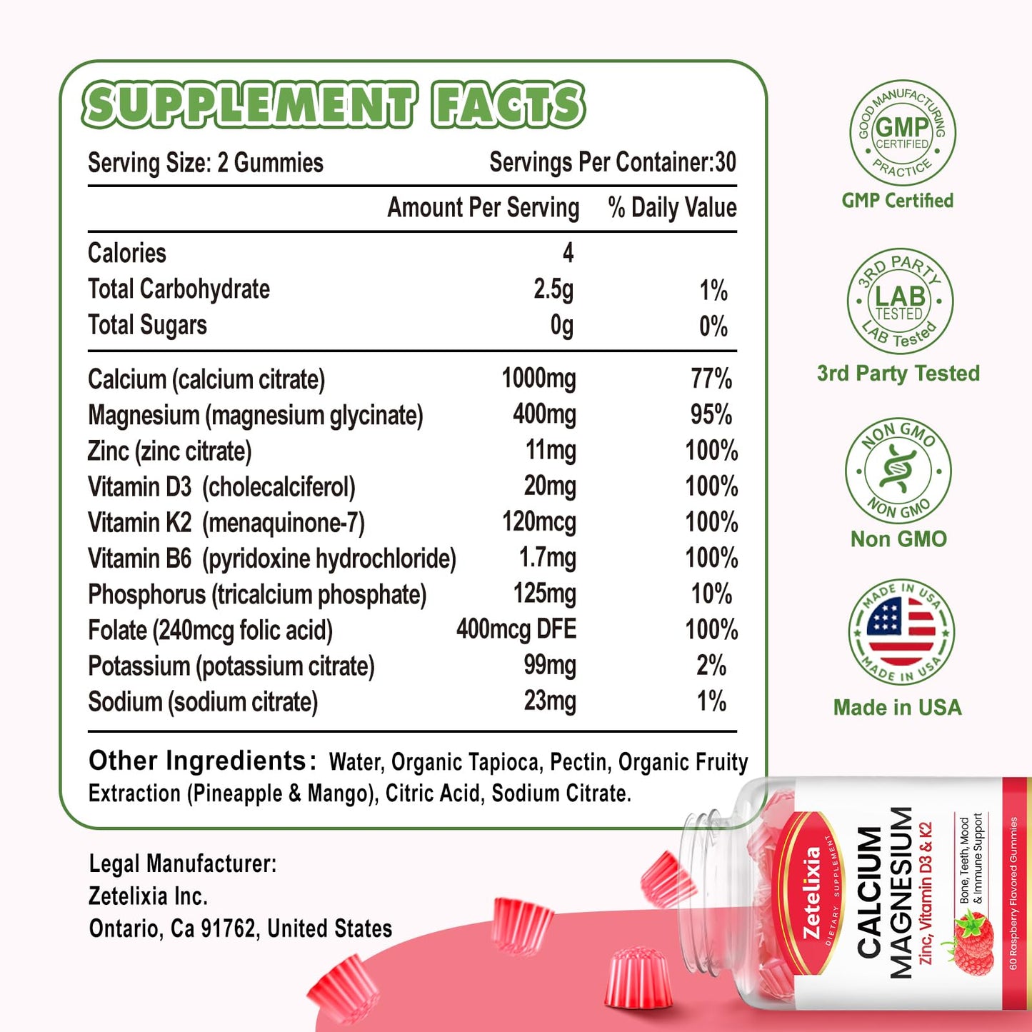 Zetelixia Calcium Magnesium Zinc Gummies with Vitamin D3 & K2, 60 Count