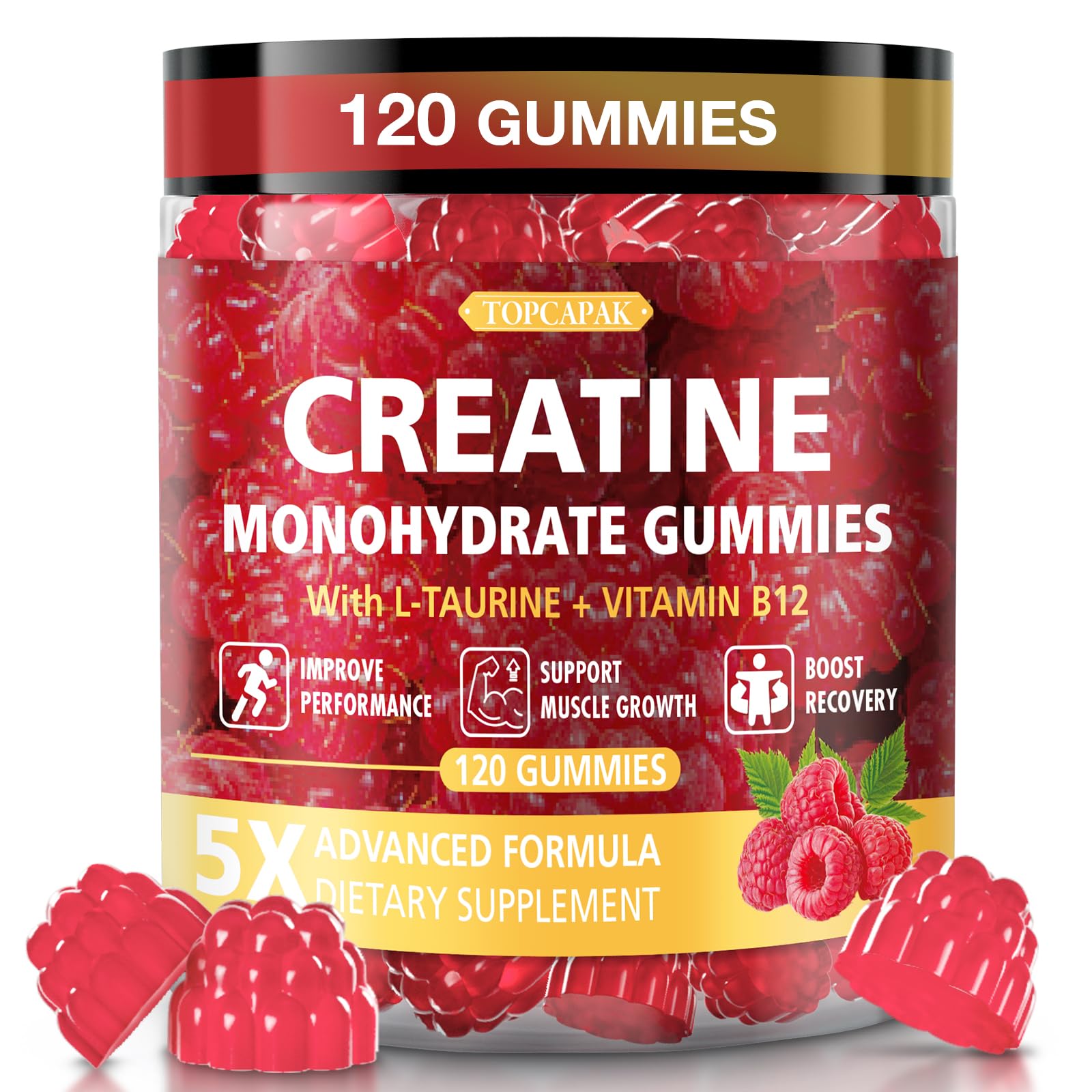 TOPCAPAK Creatine Gummies Raspberry Flavor, 120 Gummies