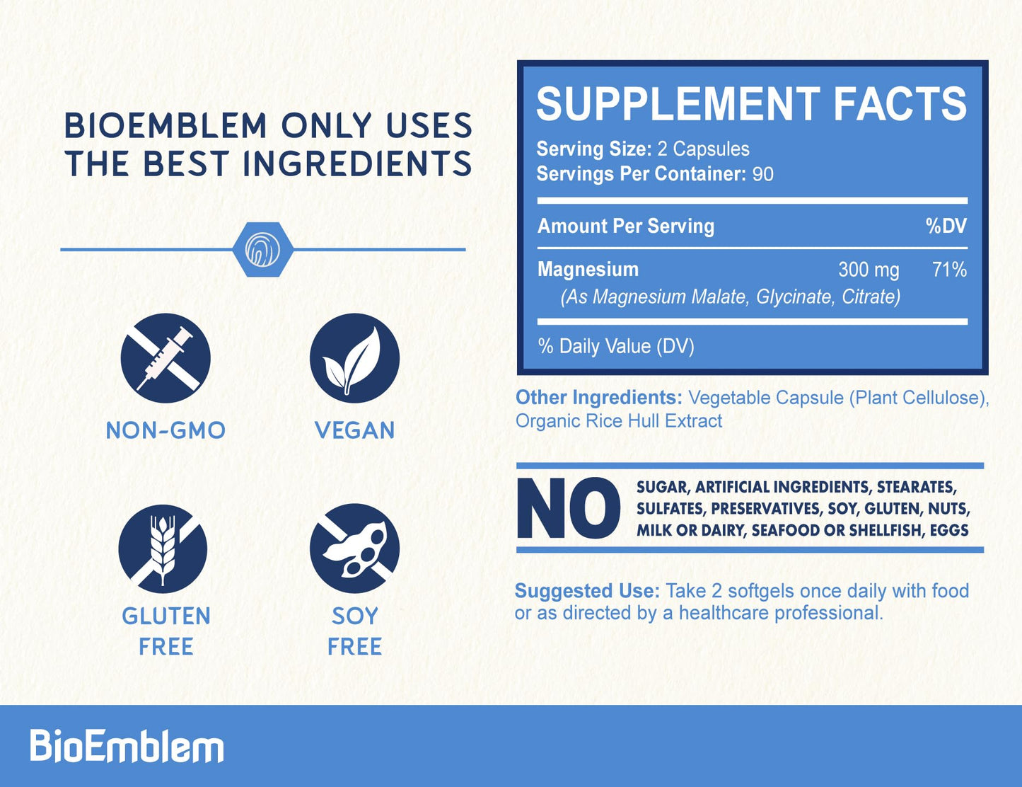 BioEmblem Triple Magnesium Complex | 300mg of Magnesium Glycinate, Malate, & Citrate for Muscles, Nerves, & Energy | High Absorption | Vegan, Non-GMO (180 Capsules)