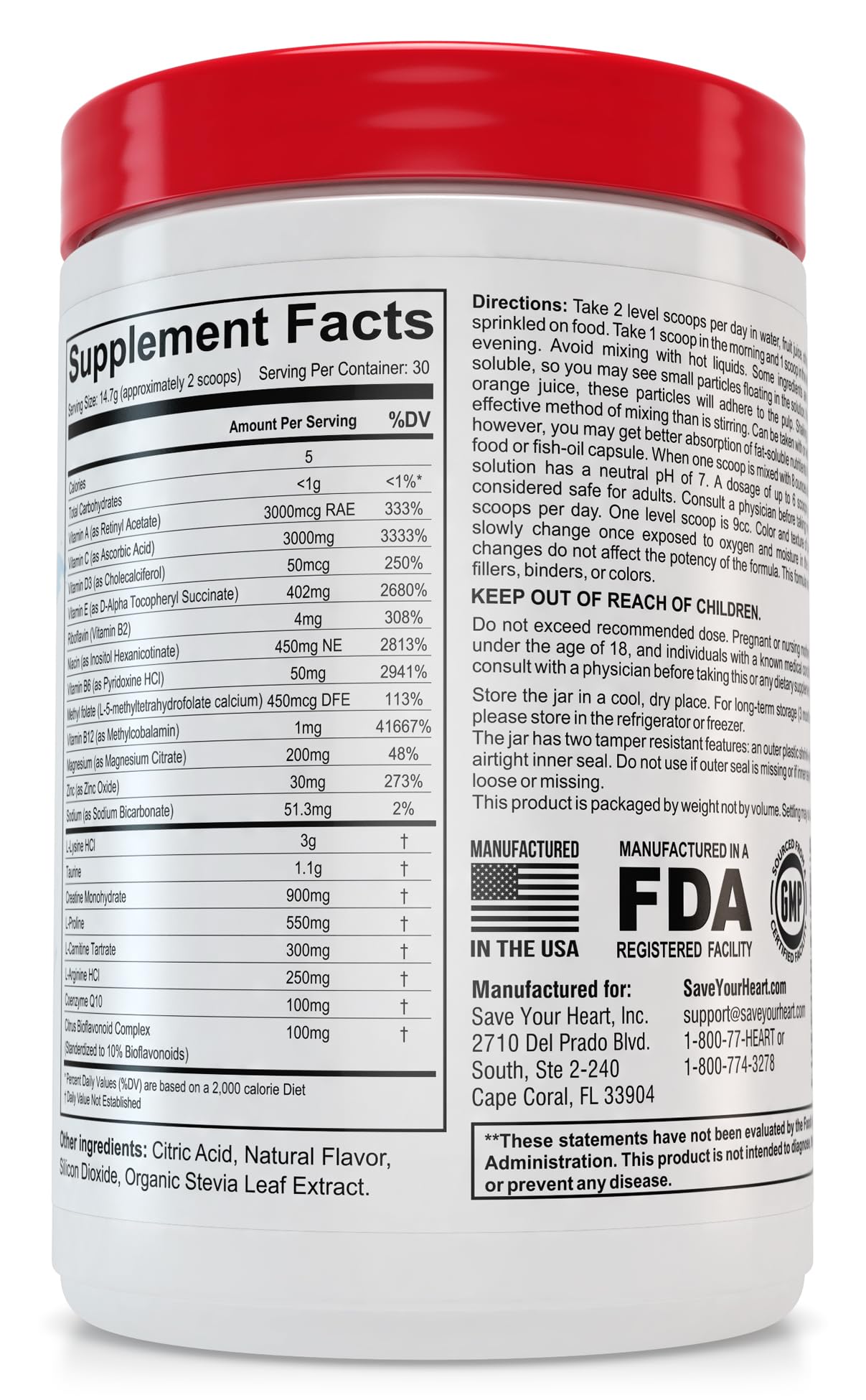 SAVE YOUR HEART Cardio Heart Health Powder Supplement - The Pauling Therapy Essentials Formula (PTEF) Healthy Vitamin C, B-12, L-Lysine, L-Arginine, Magnesium, Zinc + Vitamins, Minerals & Antioxidants, 500