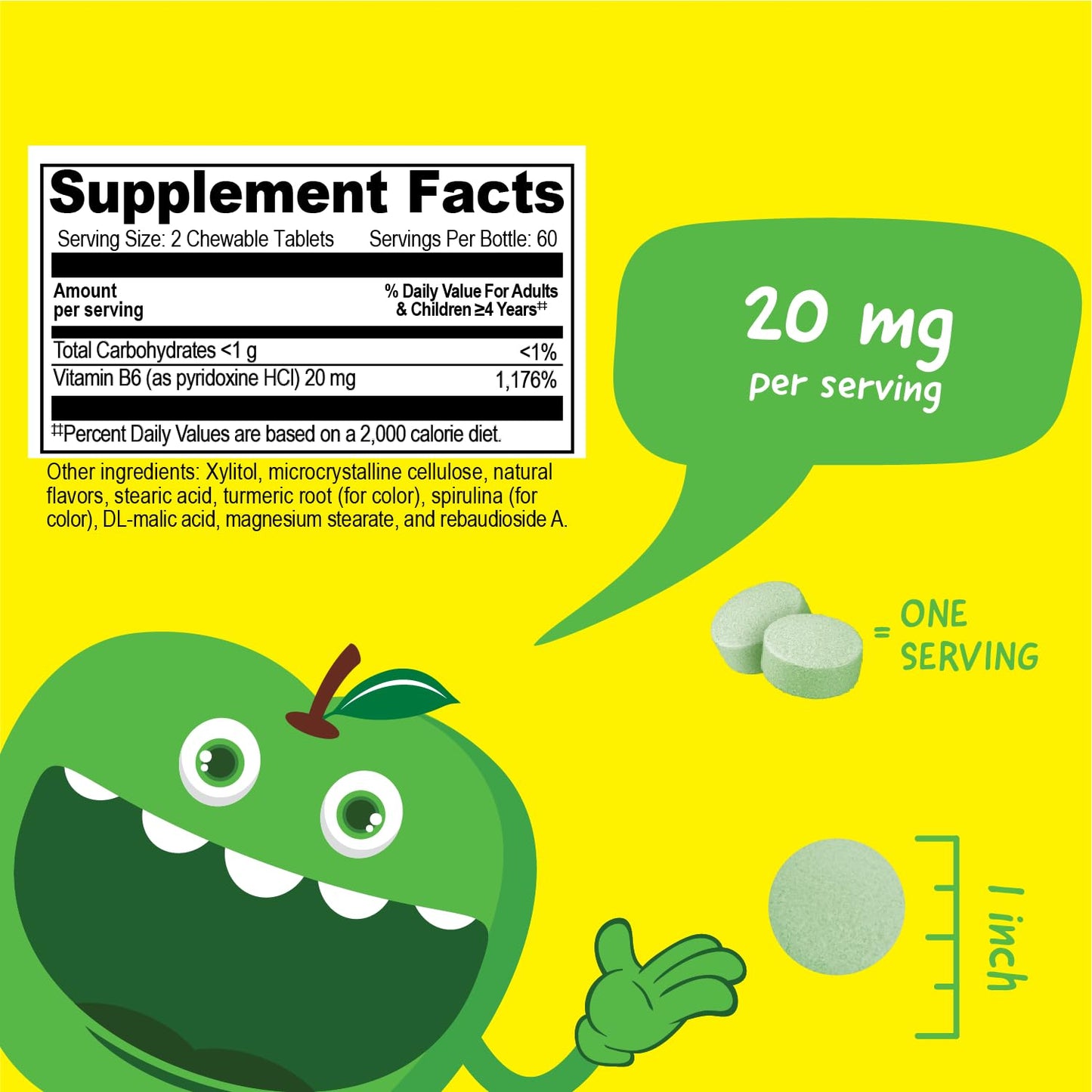 VitaWorks Vitamin B6 for Kids Chewable Tablets, 20 mg Pyridoxine HCl, 120 Count
