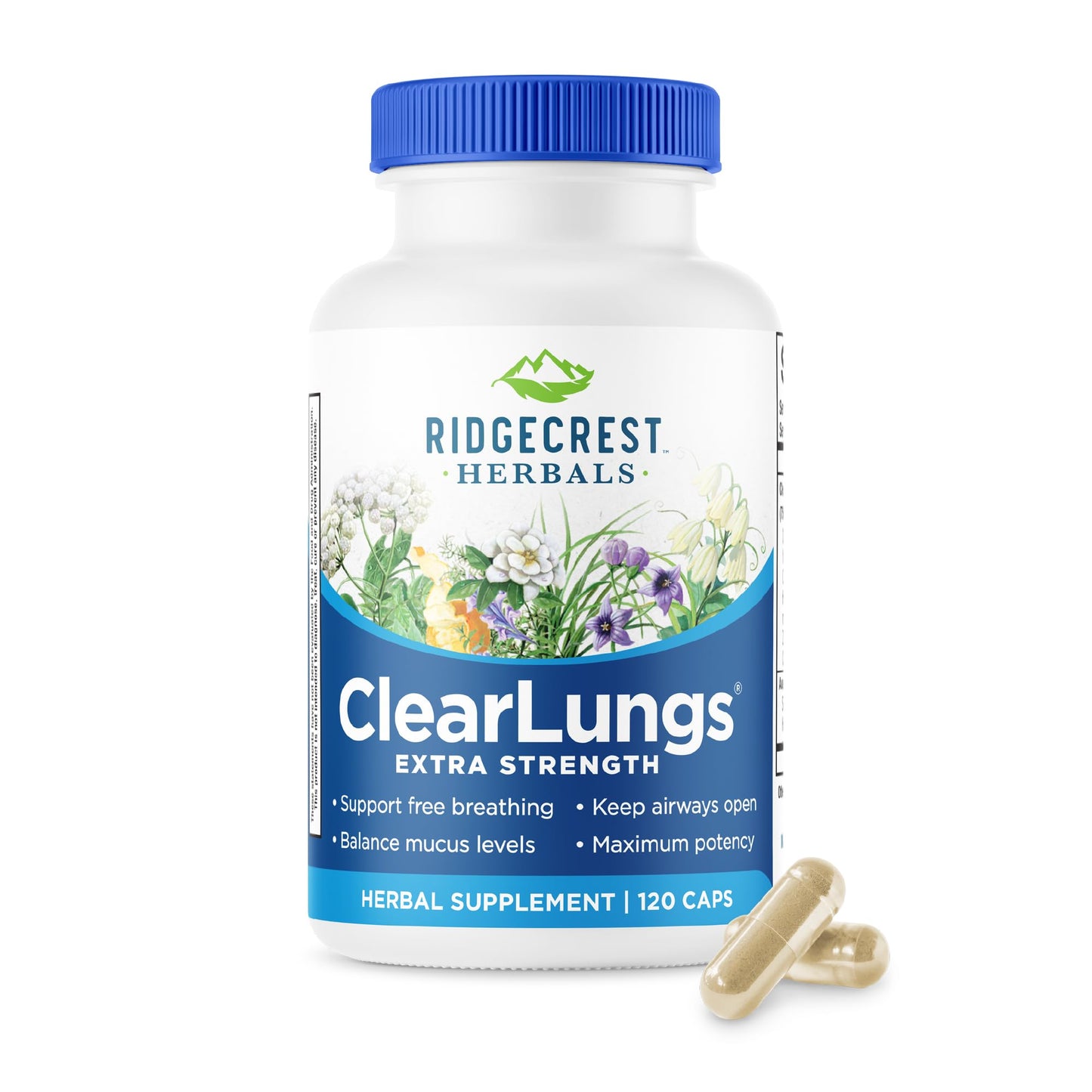 RidgeCrest Herbals ClearLungs Extra Strength Daily Health Supplement Natural Lung and Nasal Wellness Formula Capsules 120