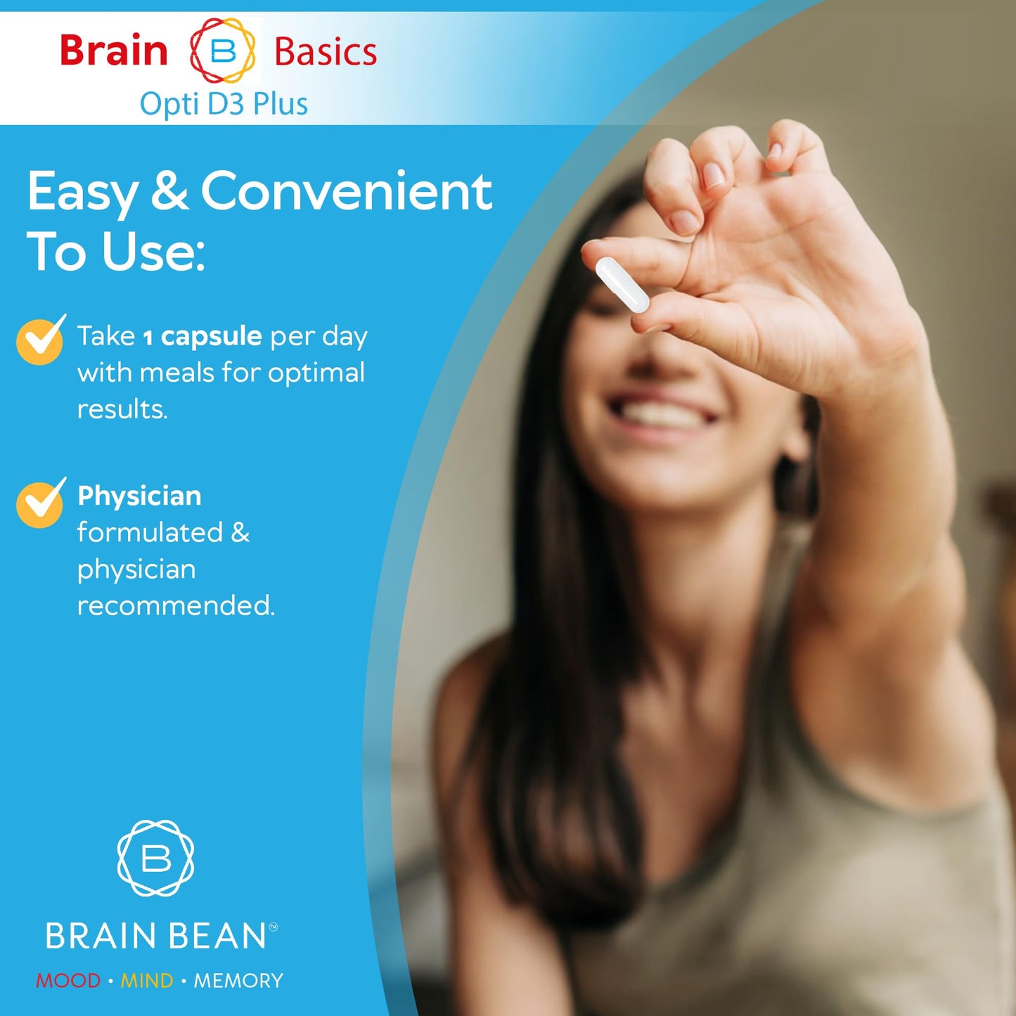 Brain Bean Brain Basic Opti D3 Plus Vitamin D3 5000 IU with K1, K2, and Magnesium Capsule 90 Count