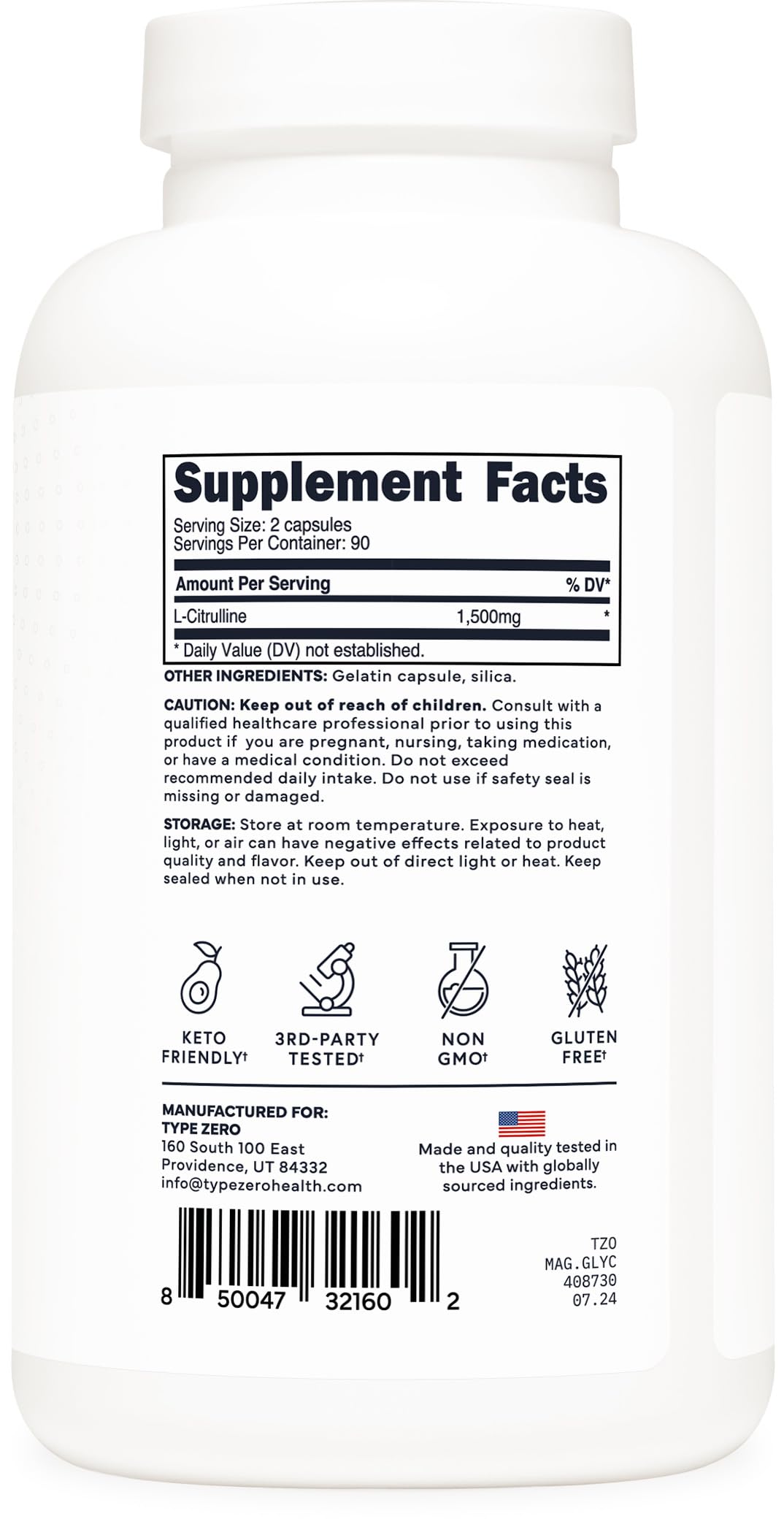Type Zero L-Citrulline Capsules, 180 Capsules, 1500 mg per Serving, GMO-Free