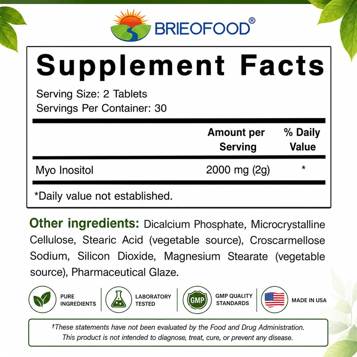 Brieofood Myo Inositol 2000 mg per Serving Tablets 60 Count