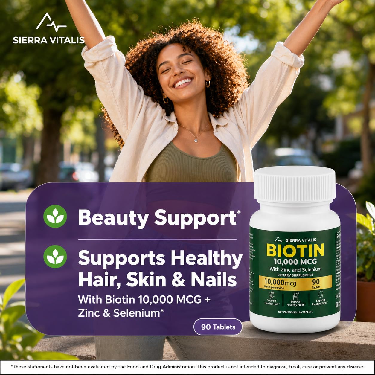 SIERRA VITALIS Biotin 10000mcg Hair Growth Tablets, Zinc + Selenium, 90 Count, Non-GMO, Gluten Free