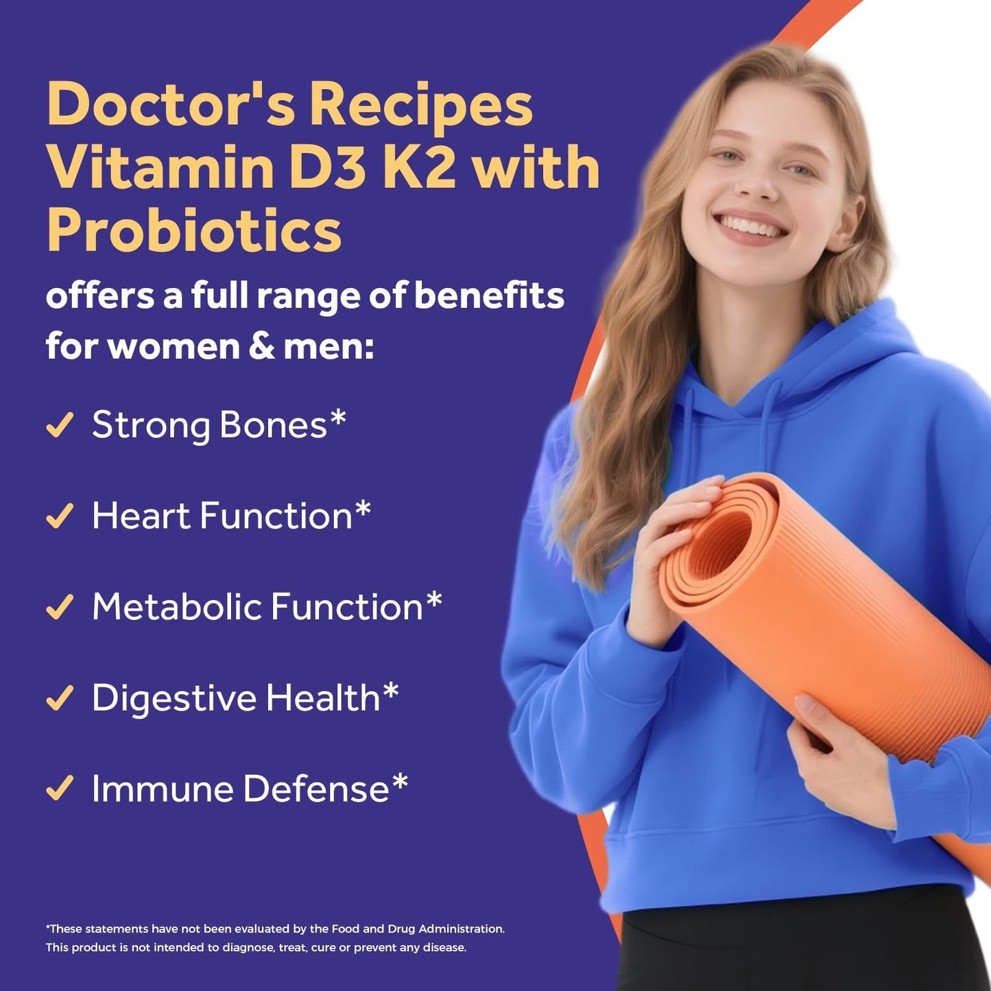 Doctor's Recipes Vitamin D3 K2 with Probiotics for Women & Men, 10000 IU D3, 200 mcg K2 for Bone & Immune Health, 50 Billion CFU Probiotics with Akkermansia Muciniphila for Gut Balance, 60 Capsules