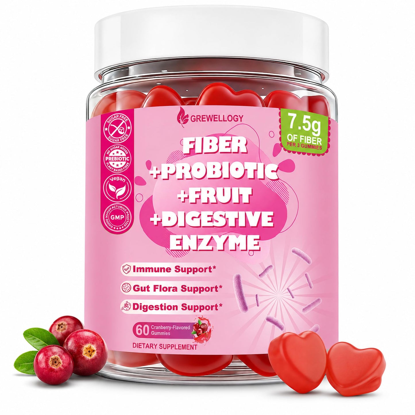 Grewellogy Fiber Gummies for Adults, Sugar Free Fiber Supplement with Prebiotics, Probiotics & Digestive Enzymes for Gut Health Support, 60 Count