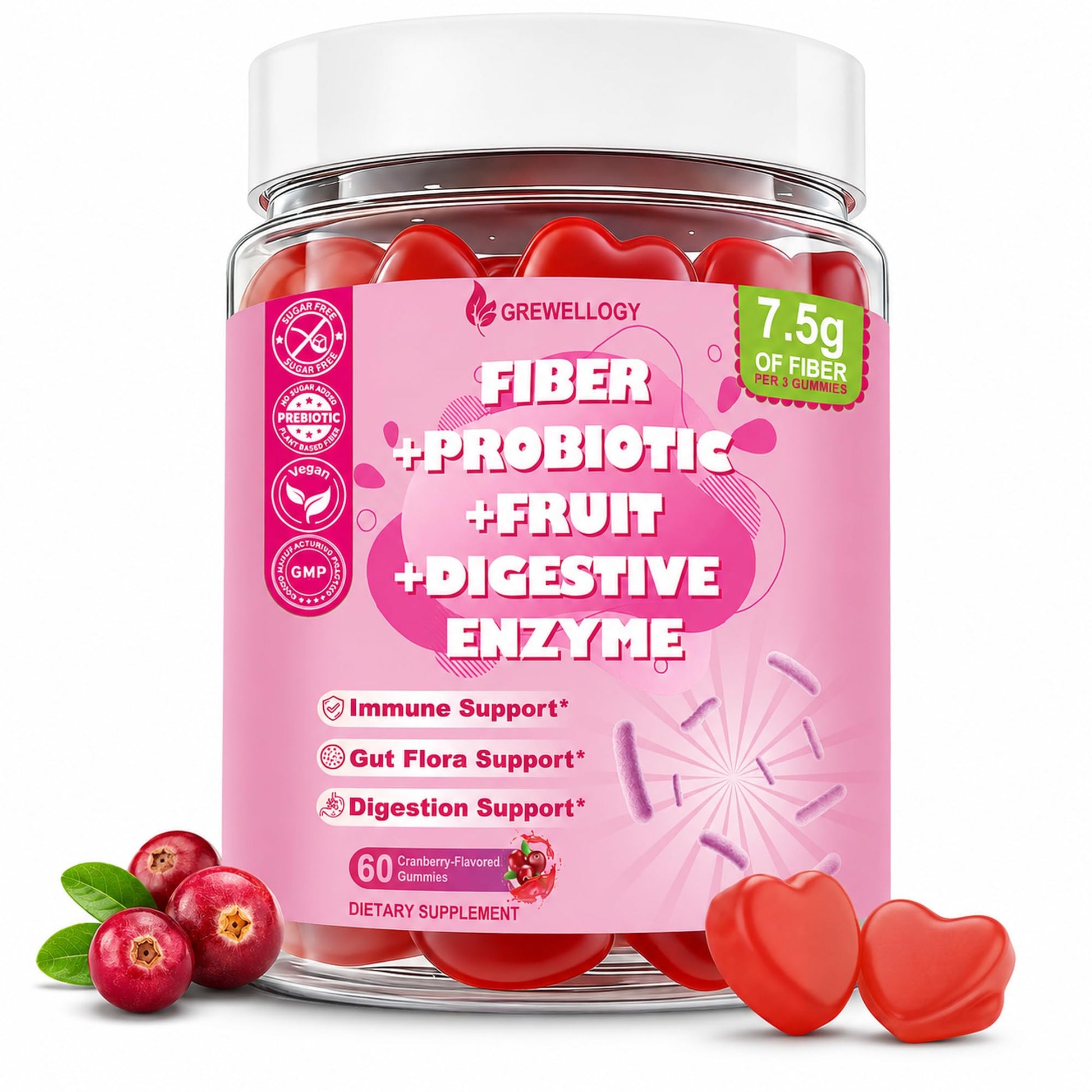 Grewellogy Fiber Gummies for Adults, Sugar Free Fiber Supplement with Prebiotics, Probiotics & Digestive Enzymes for Gut Health Support, 60 Count