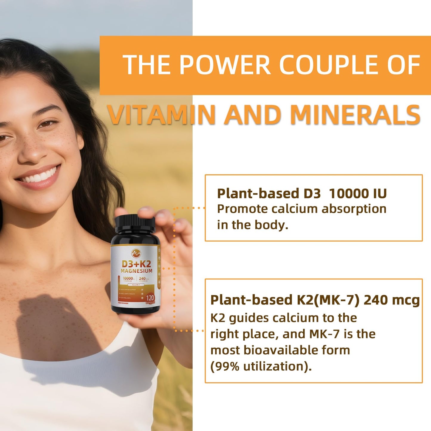 M inch Vitamin D3 K2 with Magnesium Vitamin D3 10000 IU, K2 MK-7 240 mcg Capsule, 120 Count
