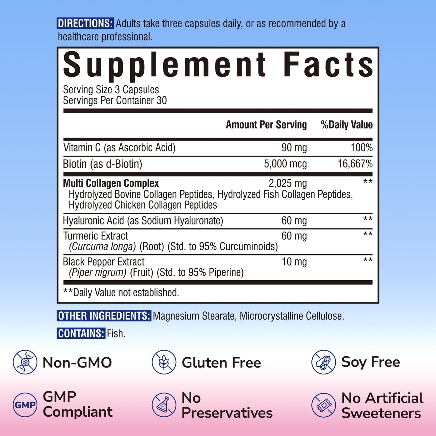 Vitalibre Multi Collagen Peptides, Hydrolyzed, Type I, II, III, Vitamin C, Biotin, Hyaluronic Acid, Turmeric & Black Pepper, Skin, Hair, Nail & Mobility Support, Non-GMO, 90 Capsules