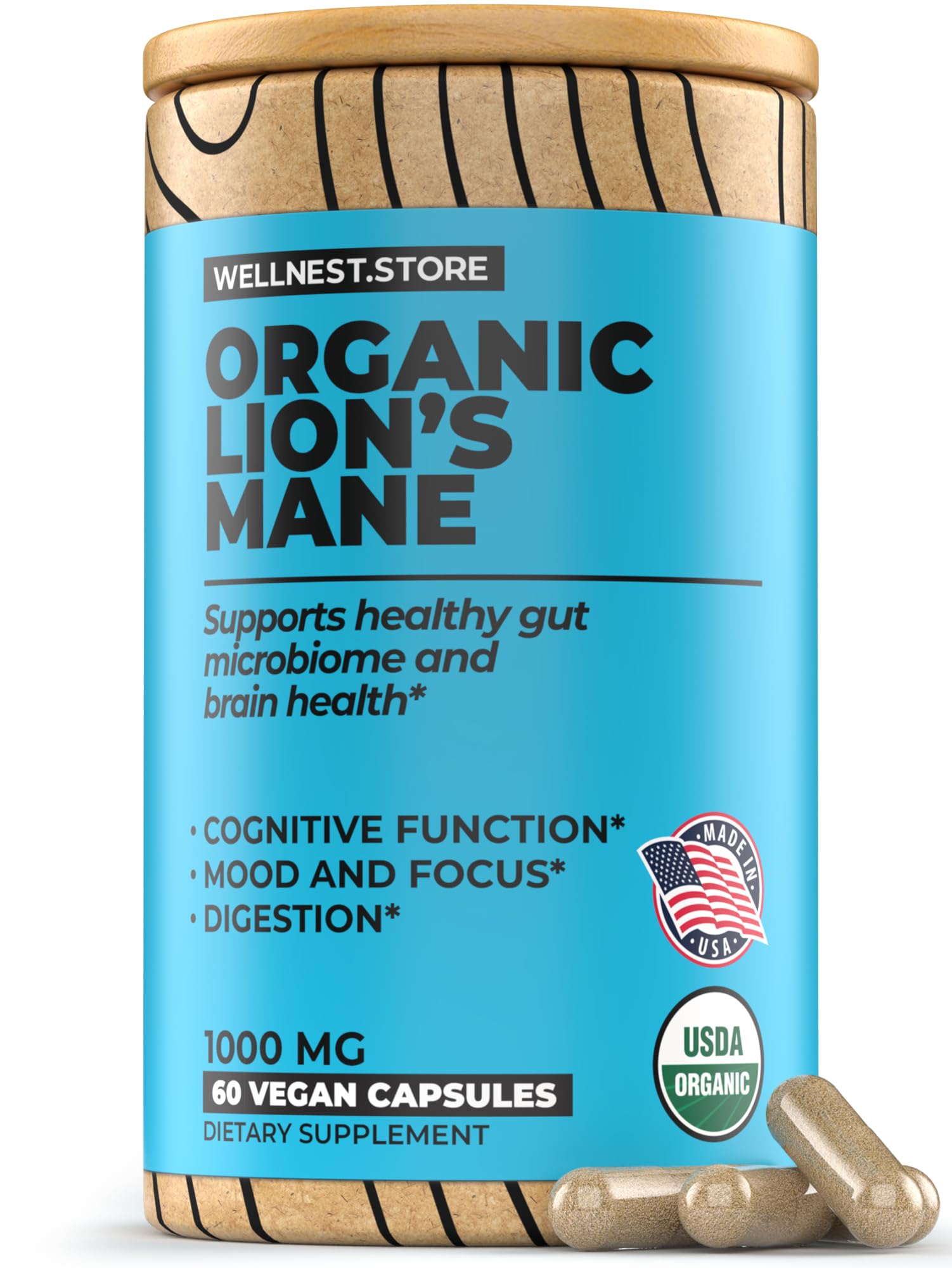 Wellnest.Store Lions Mane Mushroom Organic Supplement (Hericium Extract) 60 Capsules