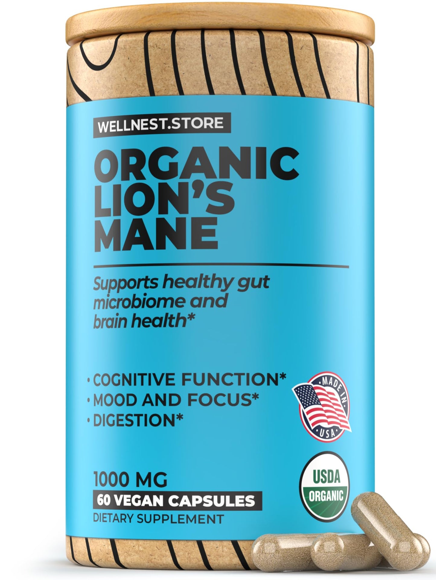 Wellnest.Store Lions Mane Mushroom Organic Supplement (Hericium Extract) Capsule, 60 Count