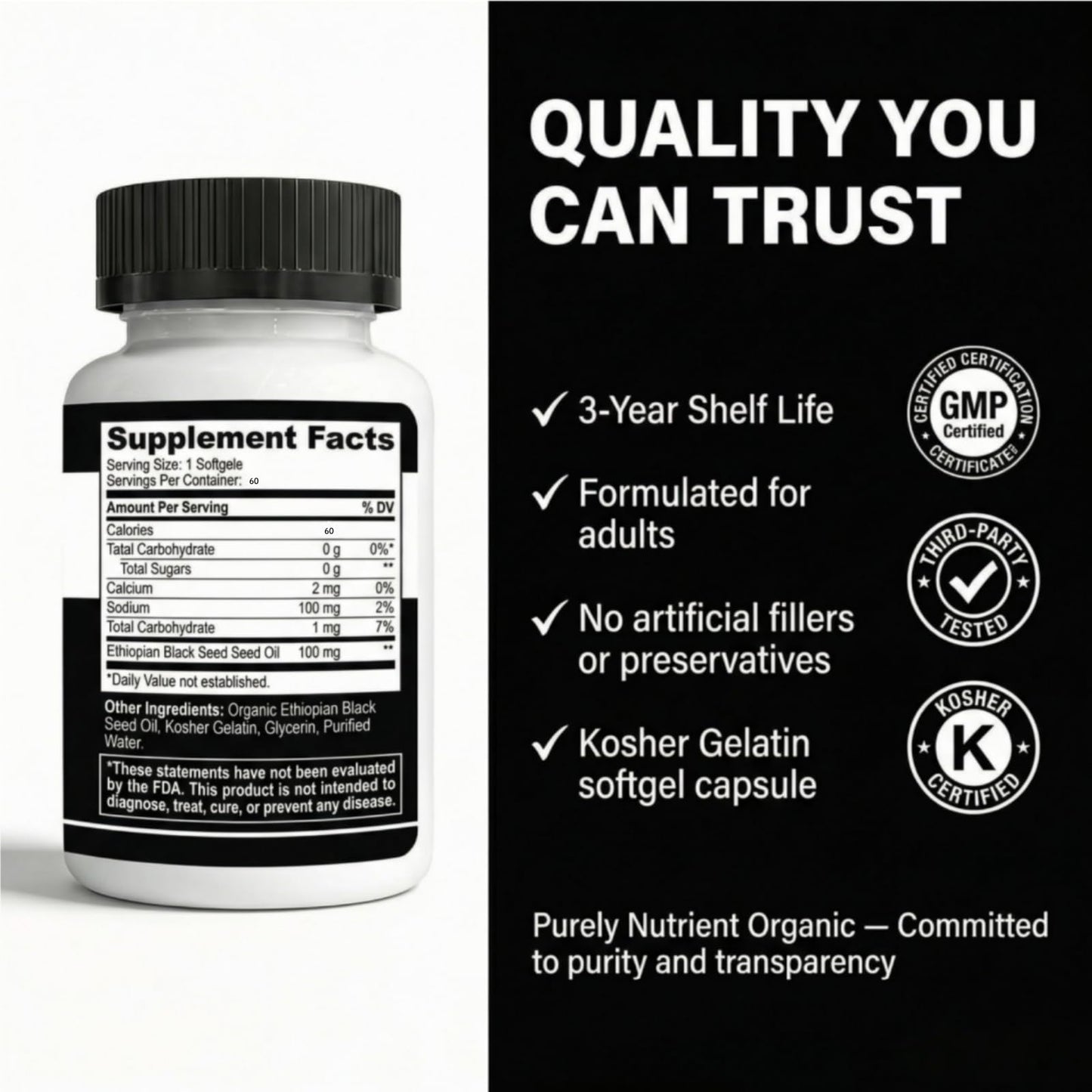 Purely Nutrient Organic Ethiopian Black Seed Oil Capsules, 60 Capsules