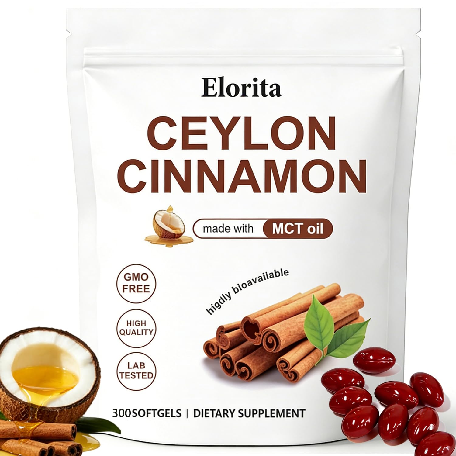 Menjint Elorita Ceylon Cinnamon Soft Gels, 300 Count