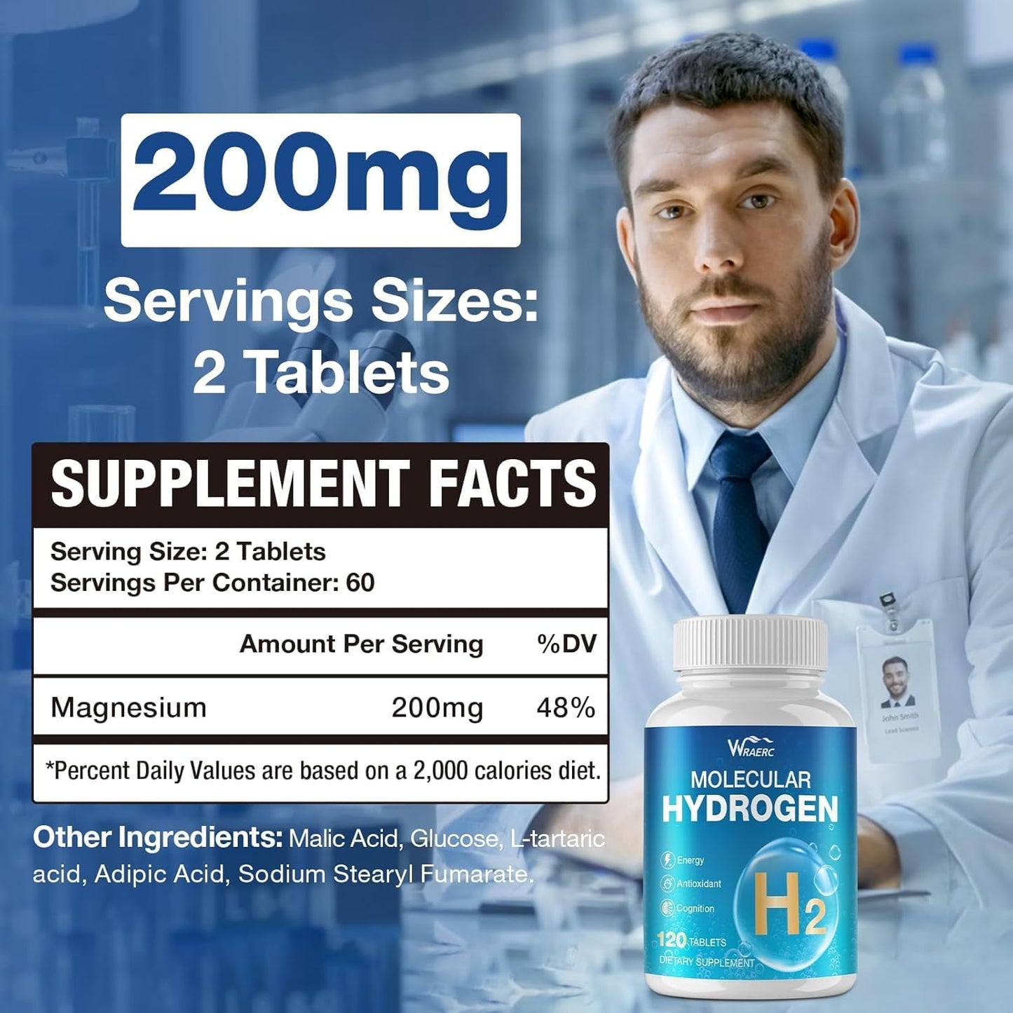 WRAERC Hydrogen Water Tablets with Magnesium, 12 PPM Hydrogen, 120 Tablets