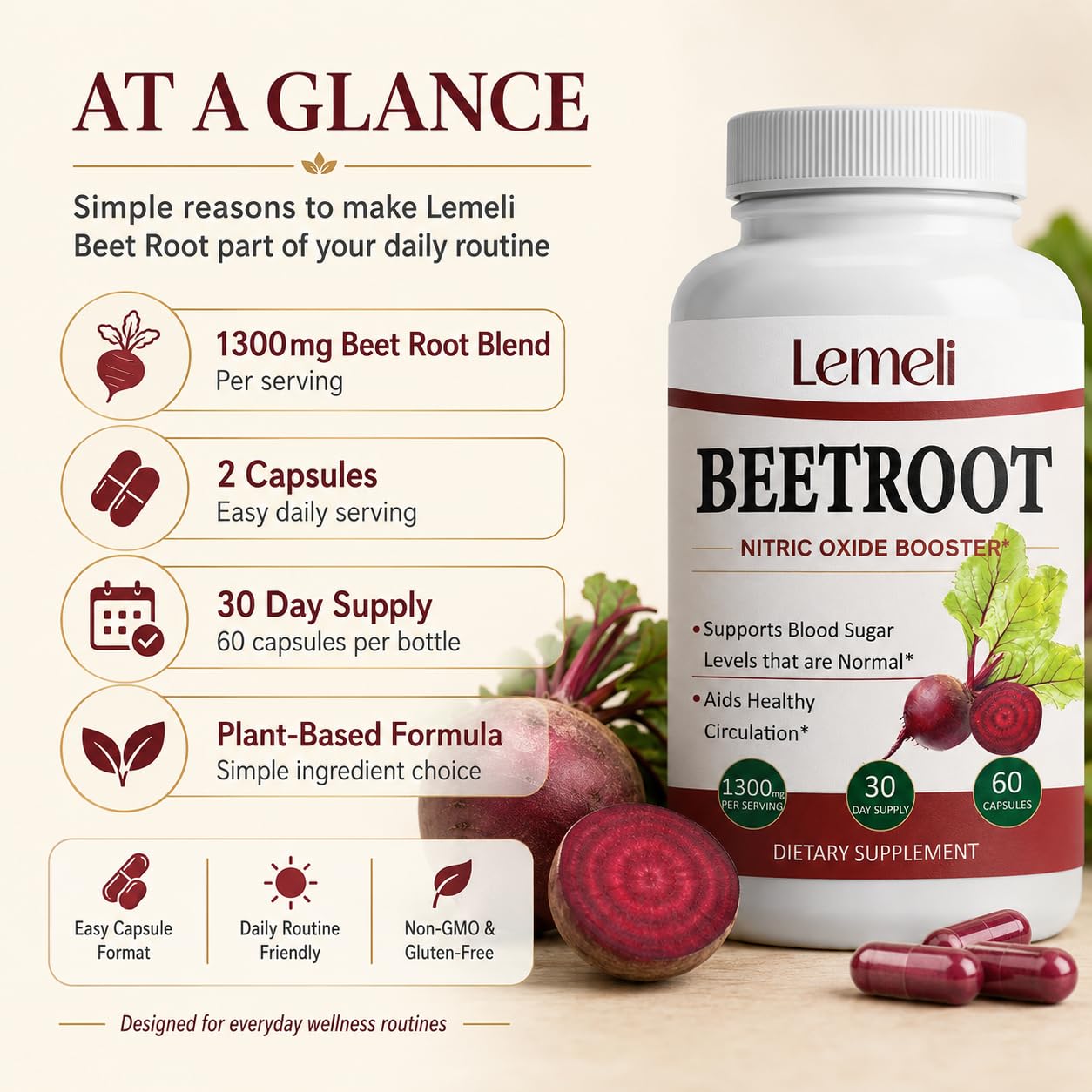 Lence Lemeli Beetroot 1300mg Capsules, 60 Count