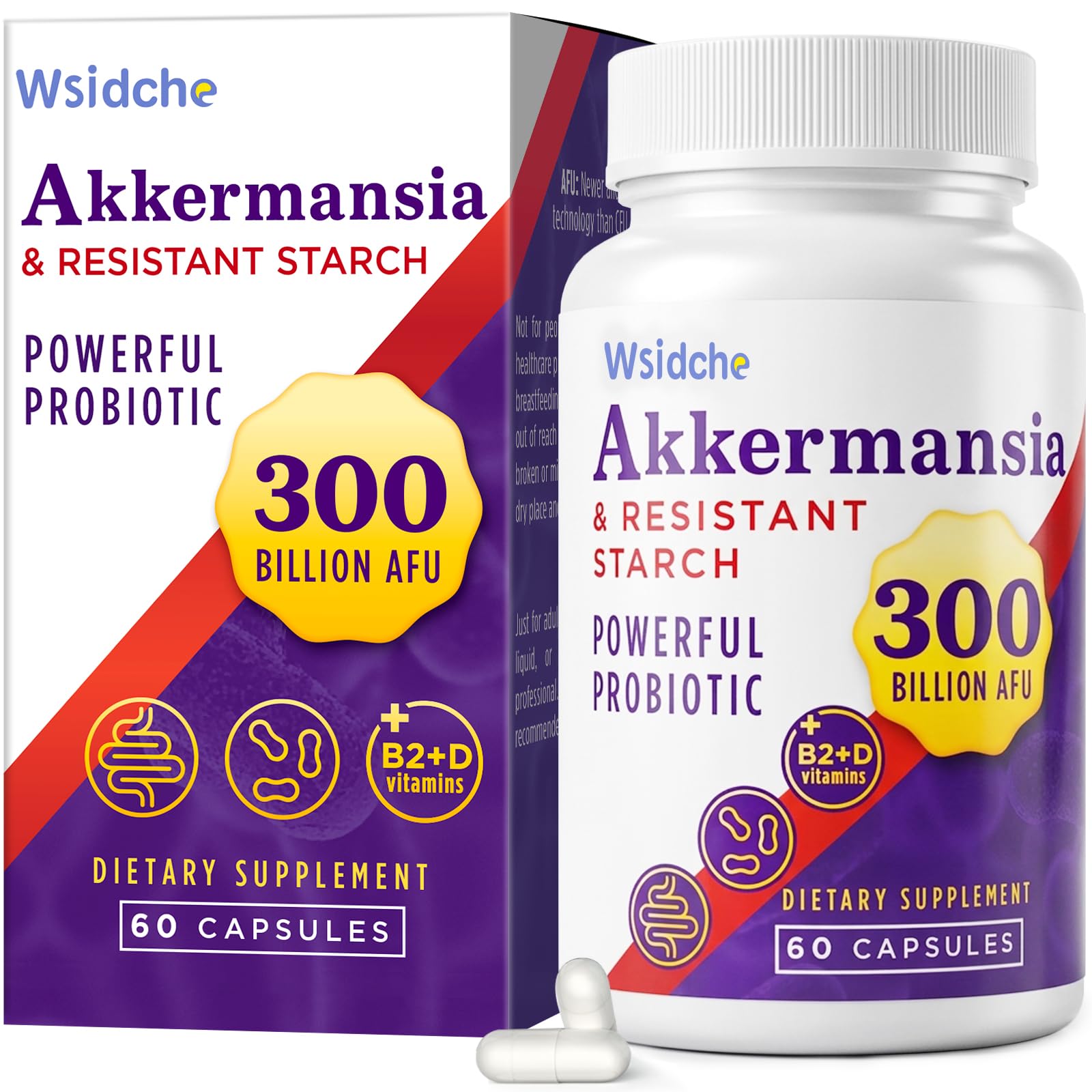Wsidche Akkermansia Probiotic 300 Billion AFU Capsule, 60 Count