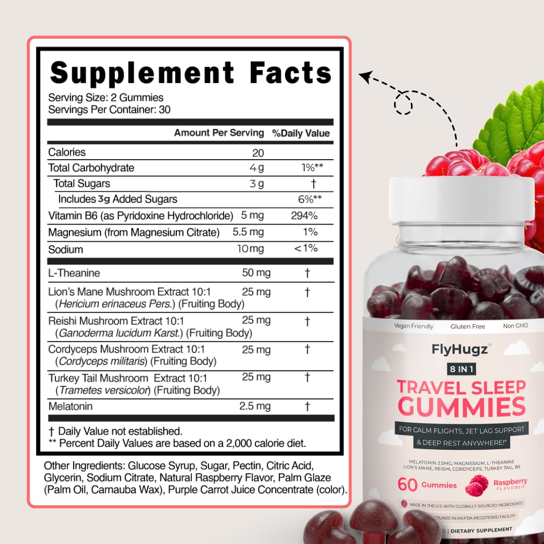 FlyHugz Travel Sleep Support Gummies with Melatonin, L-Theanine & Magnesium, 60 Vegan Gummies