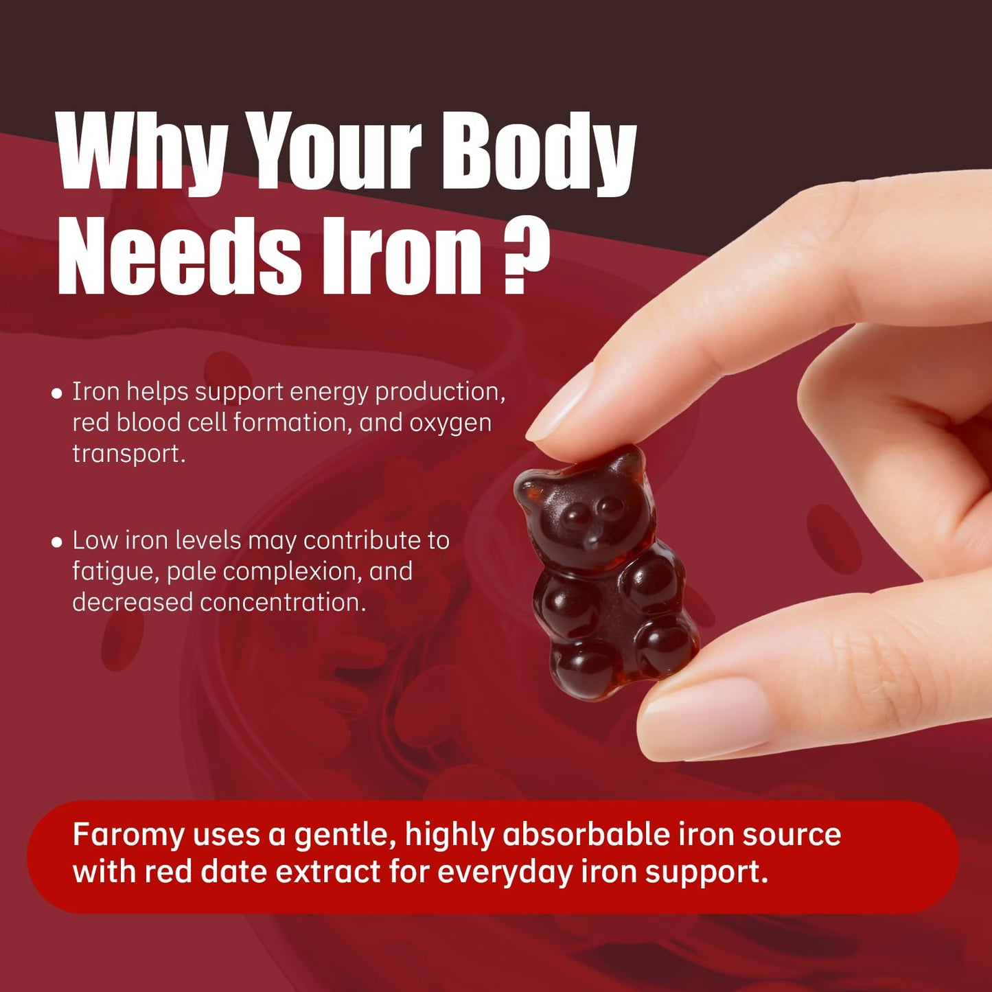 Faroromy Iron & Multivitamin Gummies for Adults & Kids, Folate, Vitamin C, B12, B6 & Zinc - Red Date Flavor, 90 Count