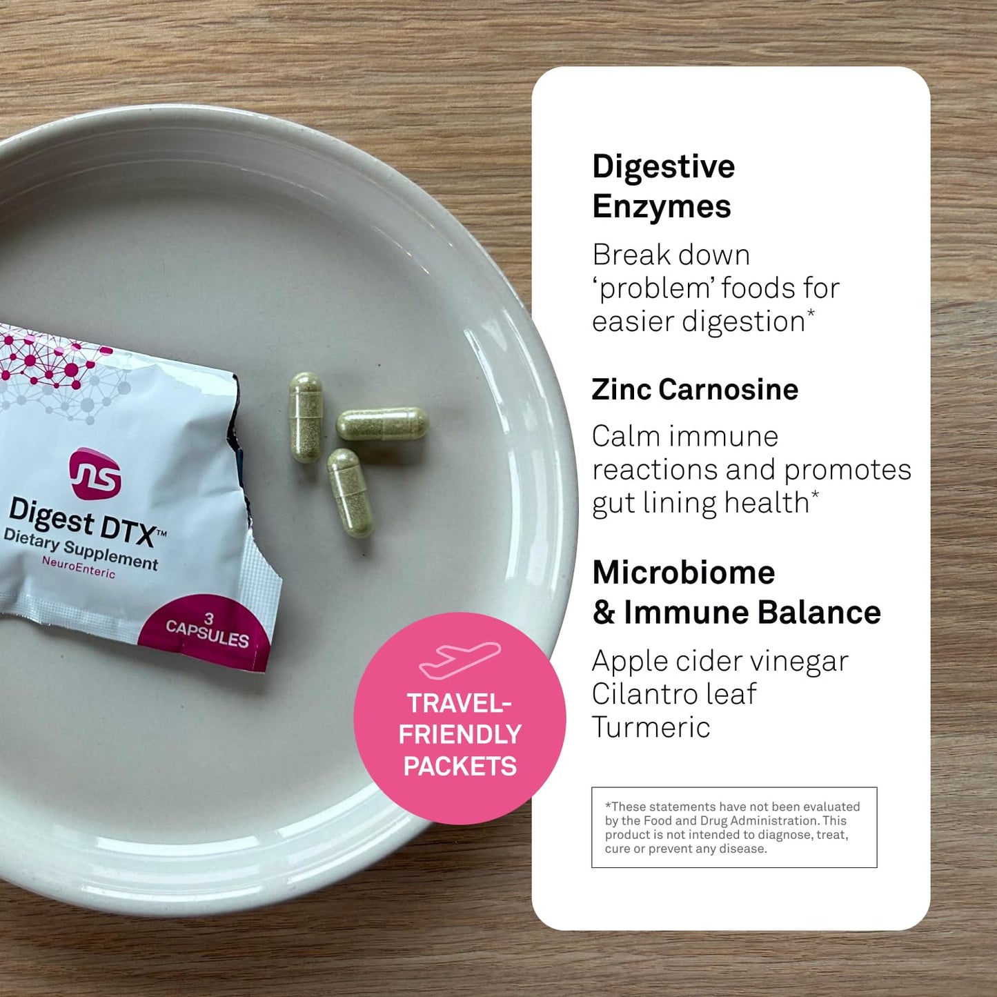 NeuroScience Digest DTX Travel Packs Digestive Enzymes for Men & Women + Apple Cider Vegar & Zinc Carnosine, 15 Capsules