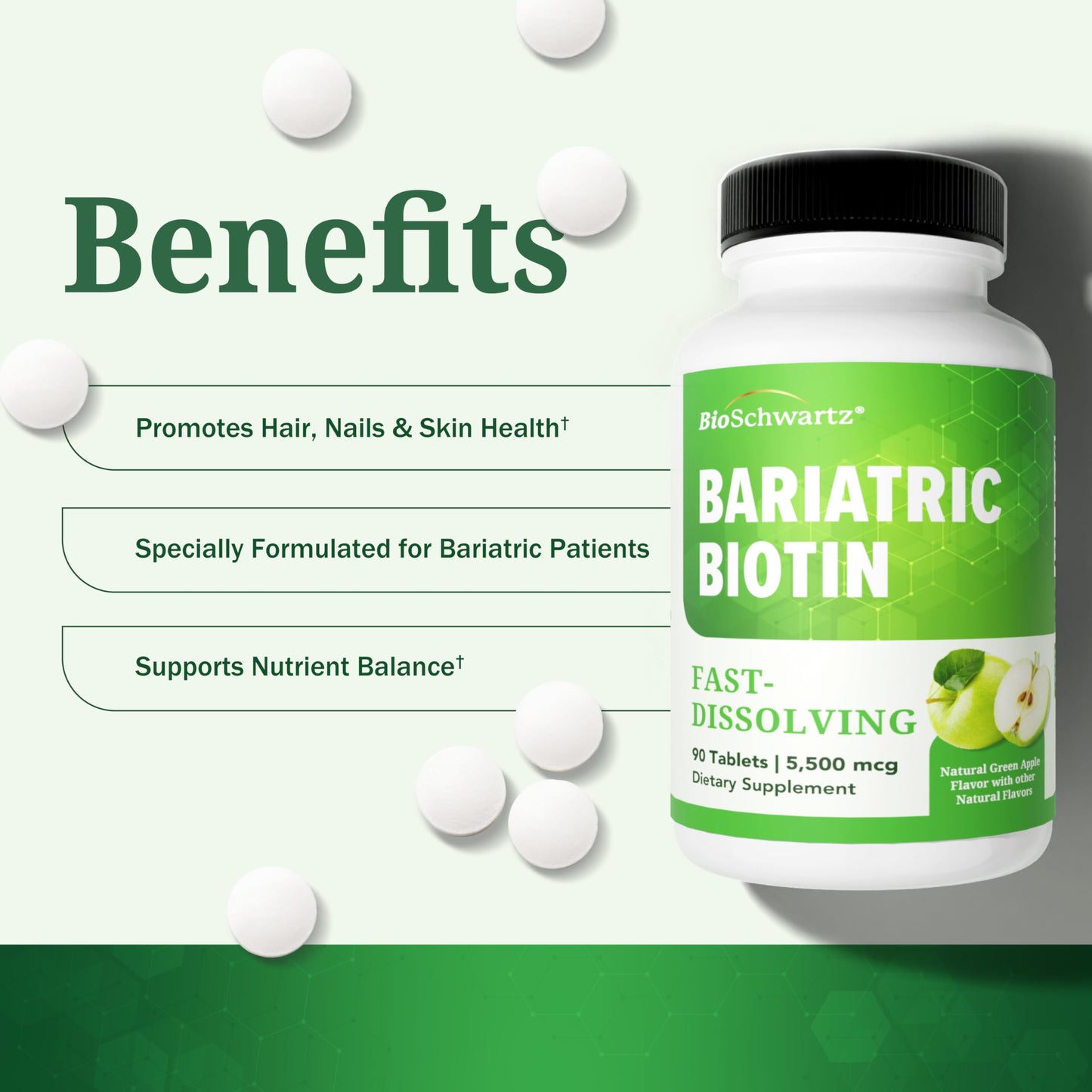 BioSchwartz Bariatric Biotin Chewable Tablets - 5500mcg Biotin per Serving - Green Apple Flavor, 90 Tablets