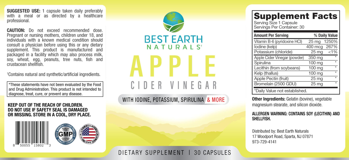Best Earth Naturals Apple Cider Vinegar Complex with Iodine, Potassium, Spirulina and More Capsules, 30 Count
