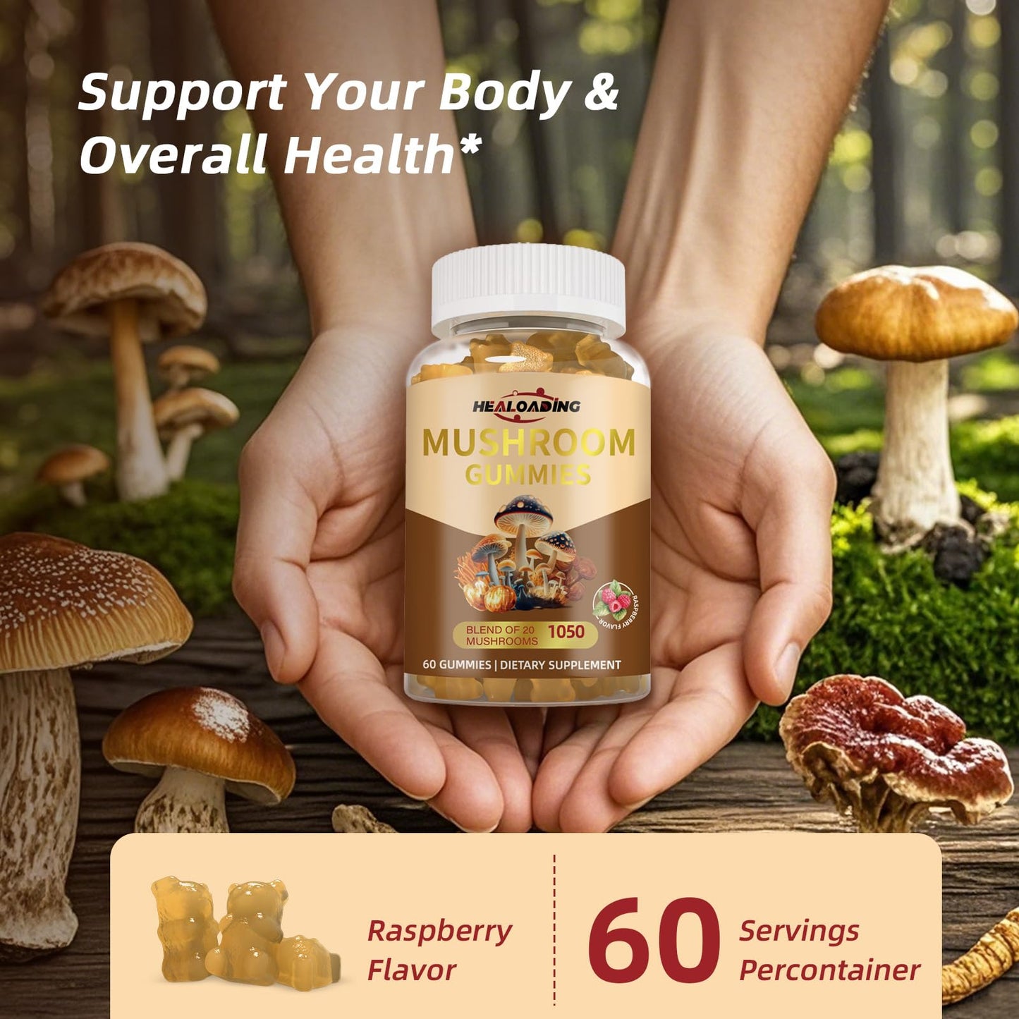 HEALOADING Mushroom Gummies with Lion's Mane & Cordyceps - Immune Support, Brain Health & Memory Enhancement - Vegan Mushroom Complex with Vitamin D3, B6, B9 & B12 - Focus, Energy & Cognitive Function Supplement, 60 Gummies