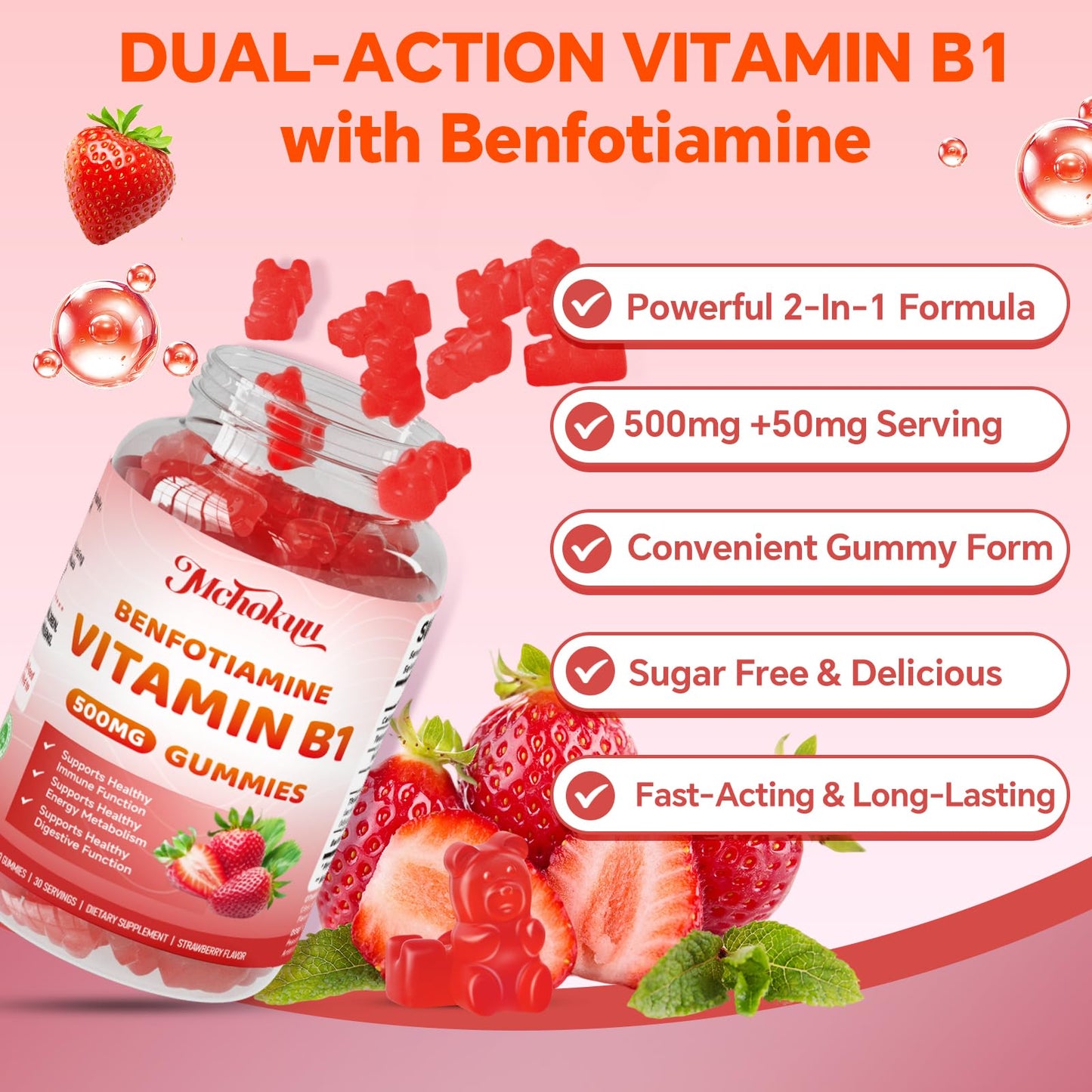 Mchokuu Vitamin B1 500mg with Benfotiamine – Thiamine Supplement for Women & Men, Sugar-Free | Vegan | Non-GMO, Natural Strawberry Flavor, 120 Gummies