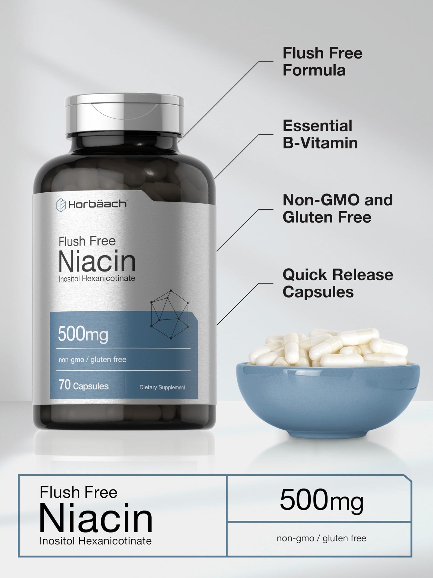 Horbäach Niacin 500mg Flush Free Capsules 70 Count